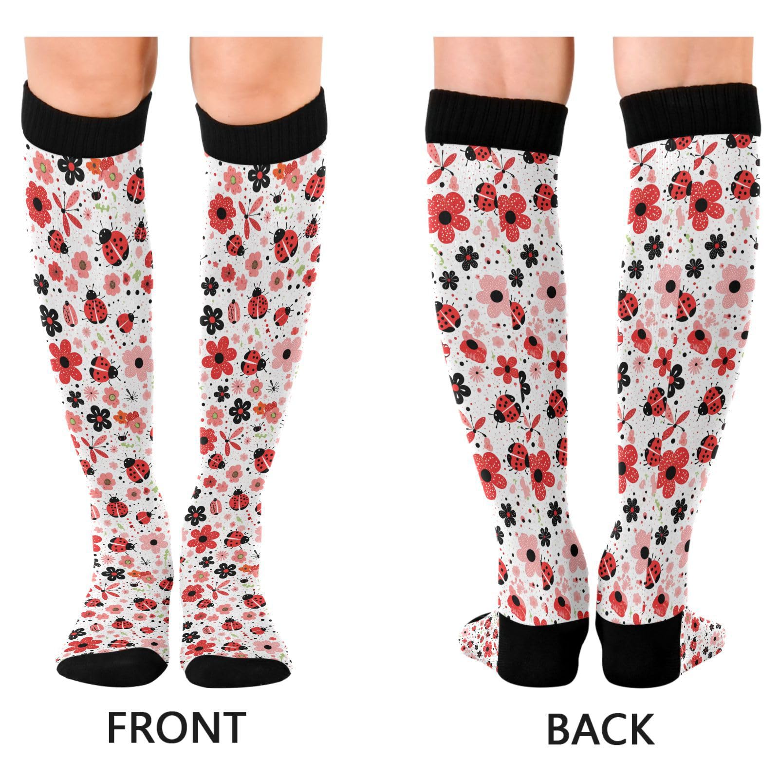 Wusikd Ladybugs Flowers Compression Socks for Women and Men Circulation Red Pink Long Socks for Athletic Running 1