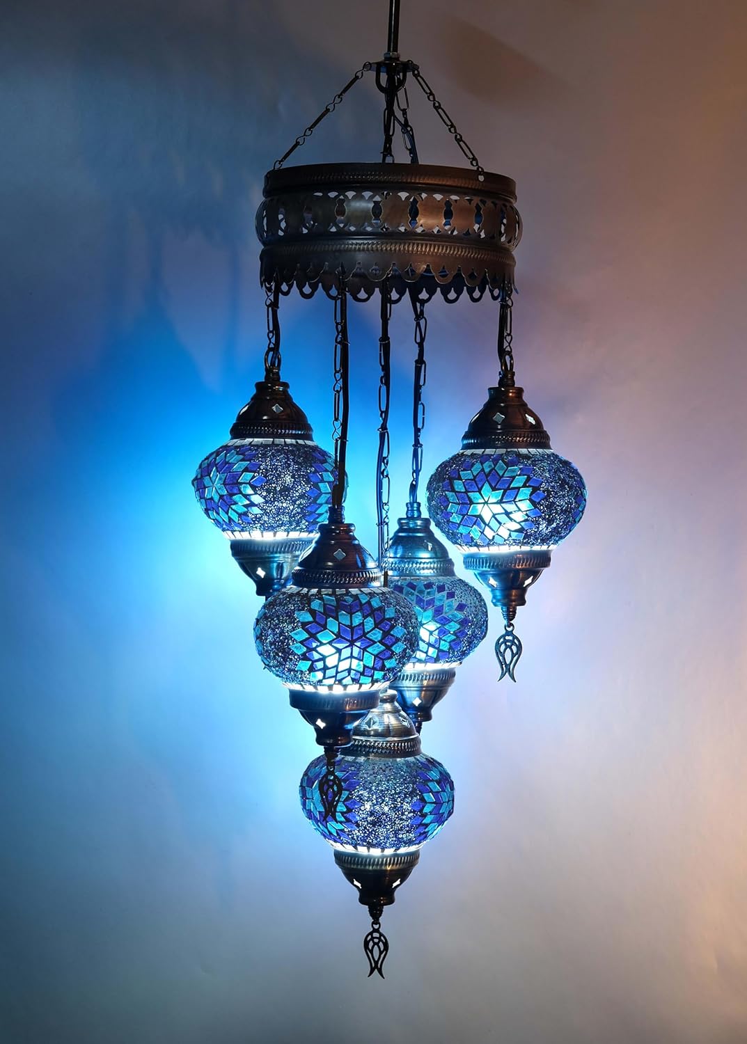 Asylove Turkish 5 Globe Chandeliers, Mosaic Pendant Lamp, Art Deco 5 Globe Moroccan Ceiling Lighting, 5 inc Globe Total Height 20x20x40 inch (Blue)