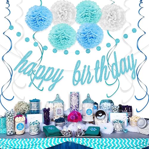 Miniatura 4 de KOKAR Decoraciones azules de feliz cumpleaños: pancarta azul de feliz cumpleaños, pompones de papel, remolinos colgantes y guirnalda de puntos