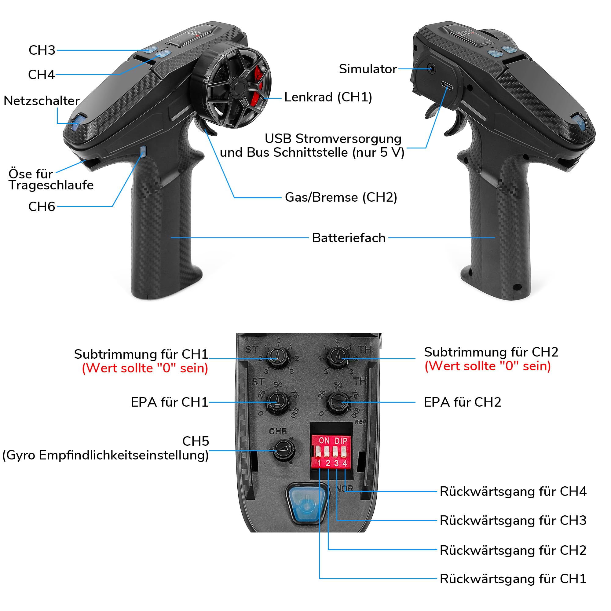 DUMBORC X6PM-350 2,4GHz 6CH Mini RC Funksender mit X6FG Gyro Empfänger | Niederspannungsalarm, Ausfallsicherungsfunktion, gemischter Modus für RC Fahrzeuge, Autos, Boote, Panzer