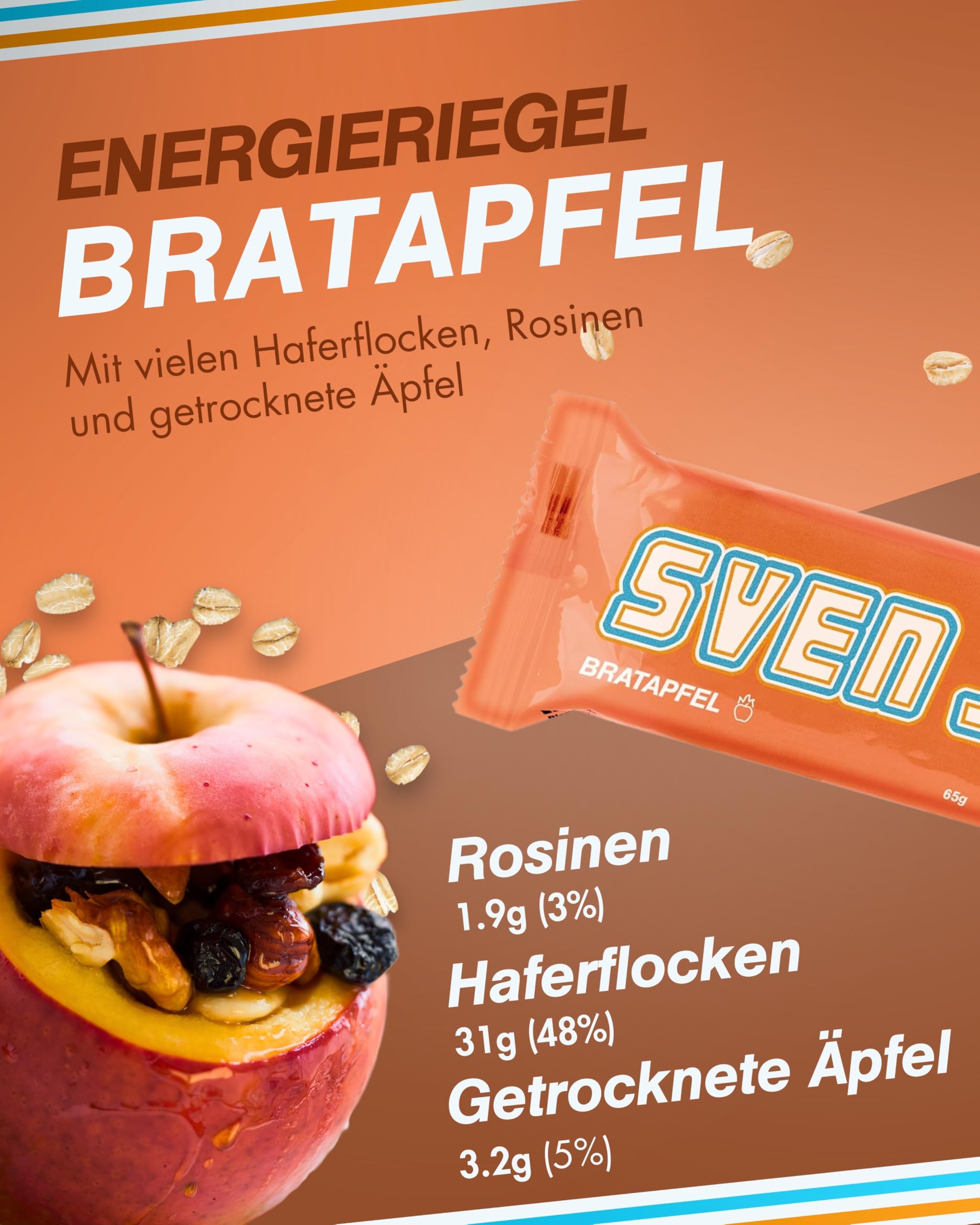 Sven Jack (Energy Cake) Haferriegel Bratapfel 20x 65g I Original Haferflocken Energieriegel I Veganer & Laktosefreier Haferriegel I Langkettige Kohlenhydrate & wenig Zucker I Müsliriegel