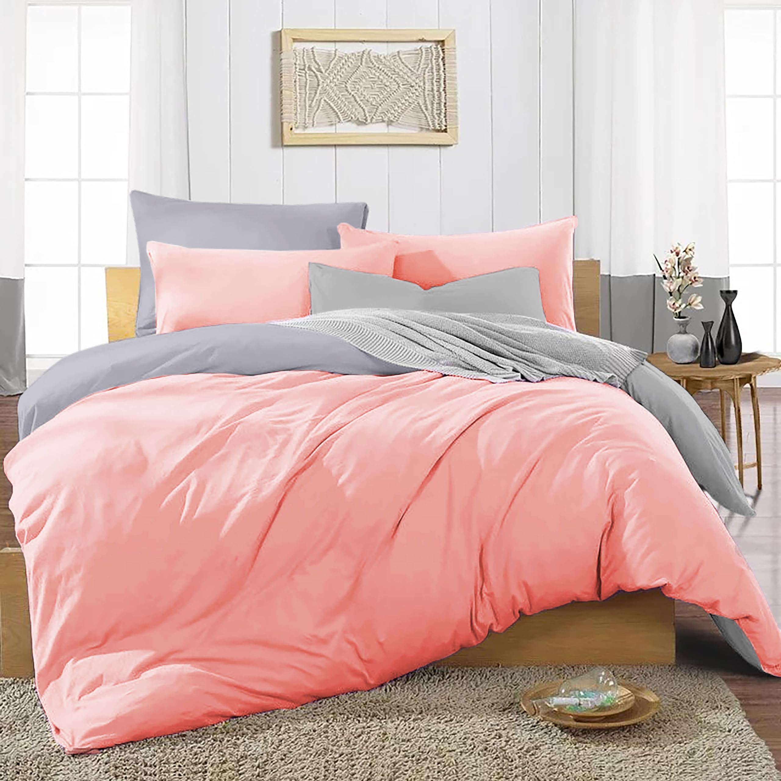 Ev Dekor Duvet Cover Set Double Grey Pink - Soft Microfibre Polyester Plain Dyed Reversible Double Duvet Set with Pillow cases - Bedding Quilt Covers Bedsheets