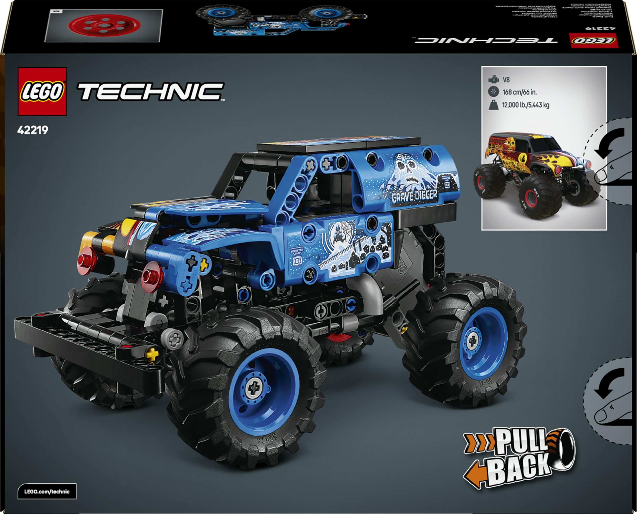 LEGO Technic Monster Jam Grave Digger Fuego y Hielo - Camión de Juguete de Carga Manual - Maqueta de Coche de Carreras con Detalles Realistas - Regalo de Cumpleaños para Niños y Fans de 7+ Años 42219