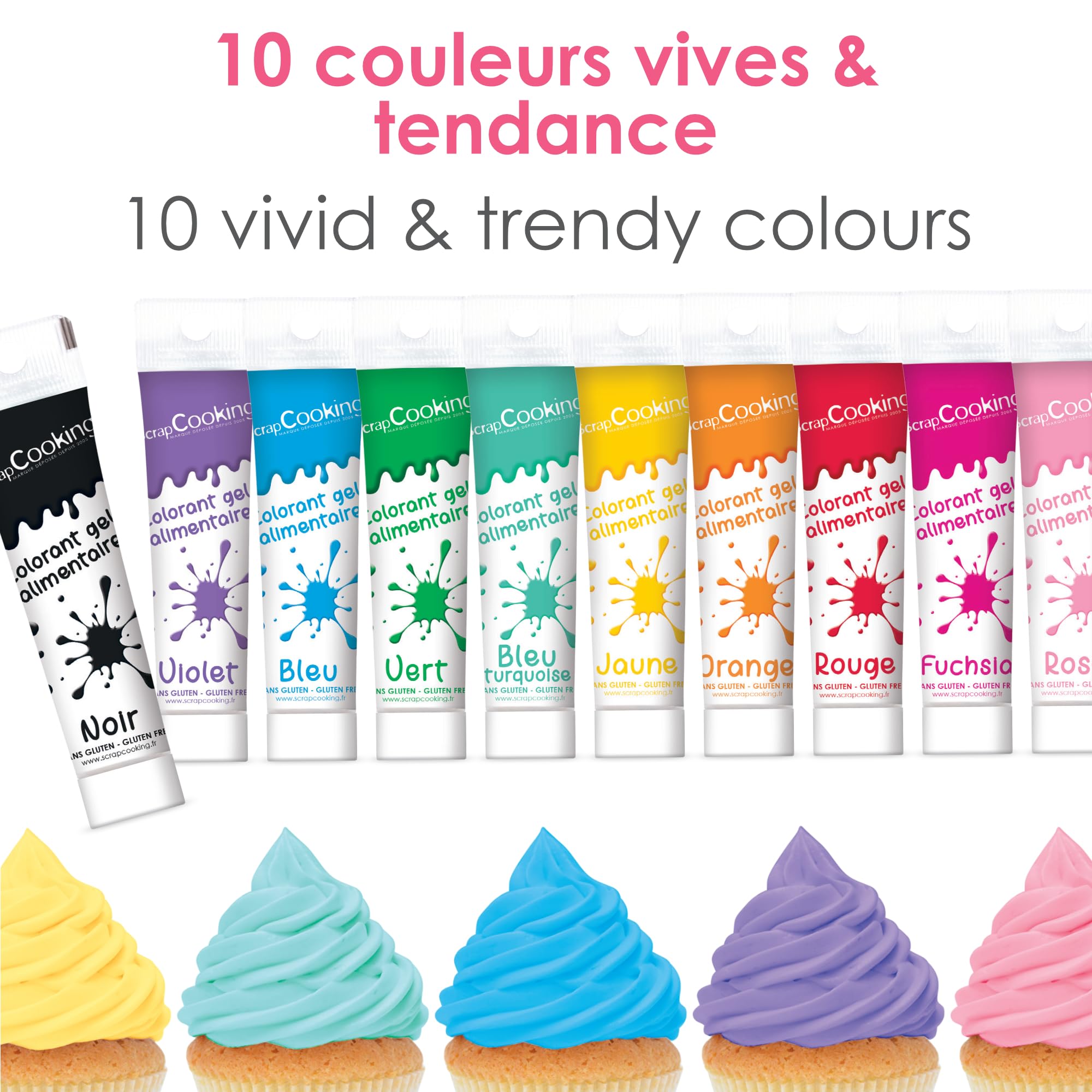 ScrapCooking - Coffret 10 Colorants Alimentaires en Gel - Colorants Pâtisserie 10 x 20 g - Rouge, Bleu, Jaune, Vert, Noir, Rose - Pour Desserts, Gâteaux & Biscuits - 7124
