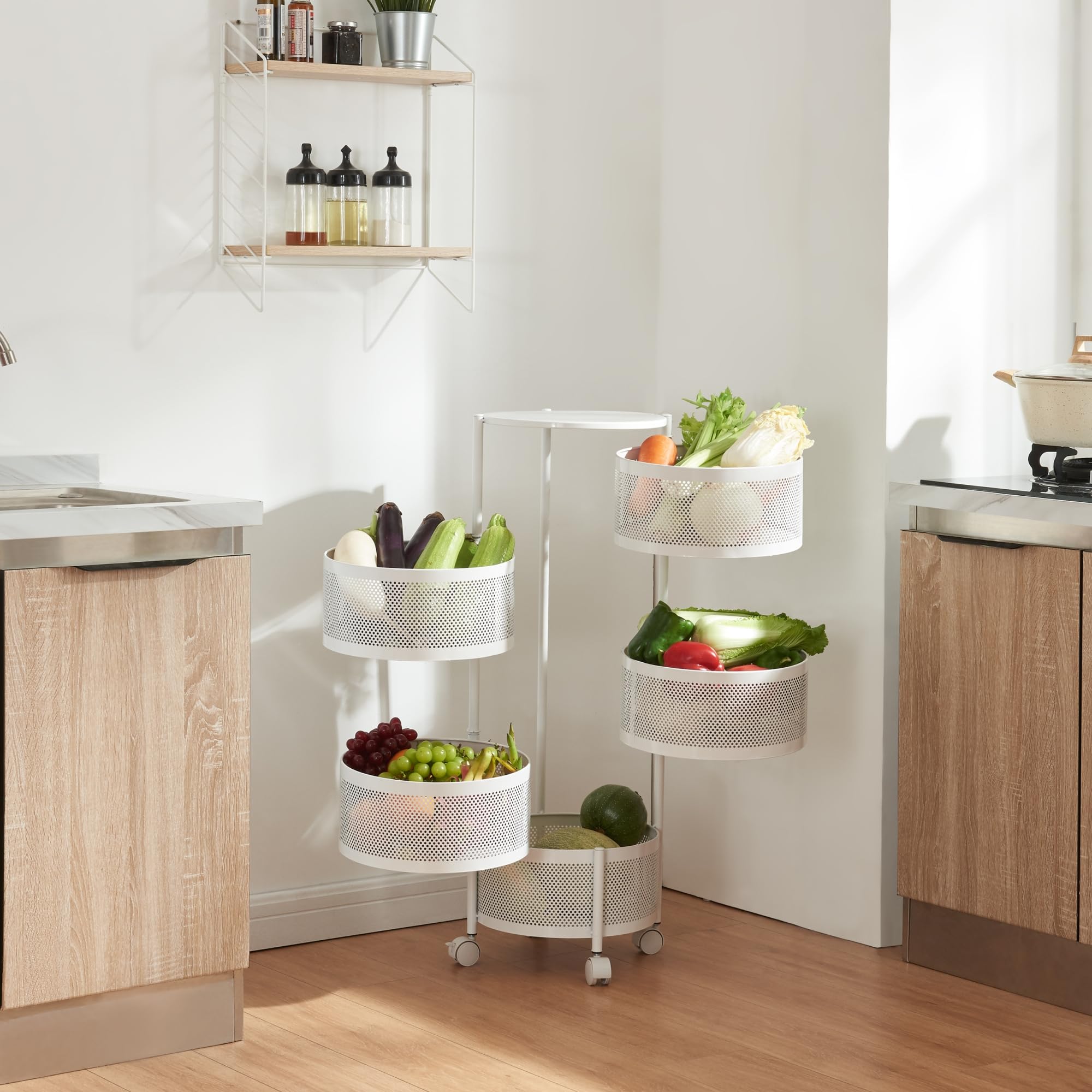 [en.casa] Carro de Servicio con 5 Cestas Redondas Carrito de Cocina Baño con 4 Ruedas Carrito de Verduras con Paredes Perforadas y 4 Cestas Superiores Giratorias Acero 90xØ33cm - Blanco