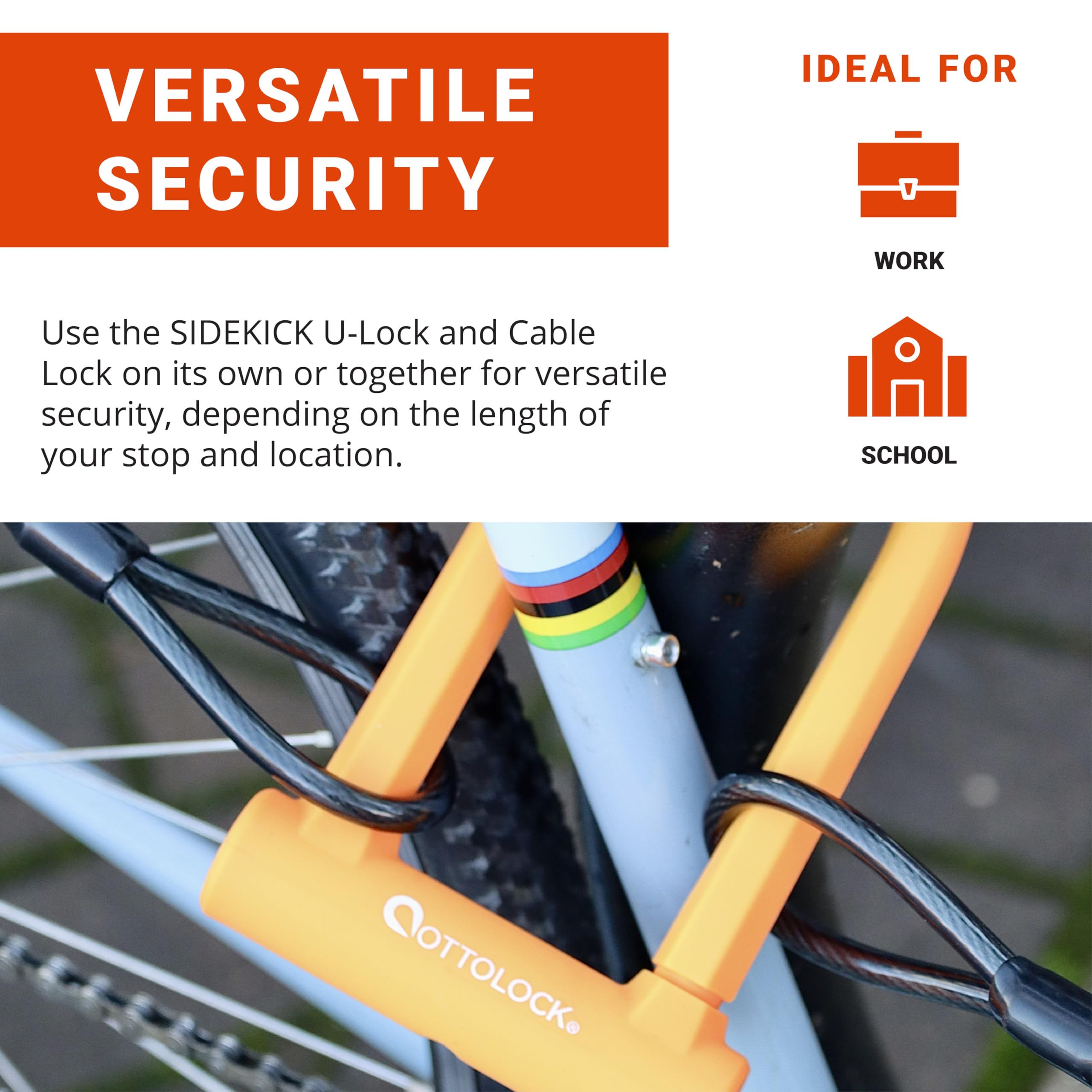 OTTOLOCK Sidekick Compact U-Lock i wiązka kabli, wytrzymała, antykradzieżowa, z kluczami, powlekana silikonem, akcesoria rowerowe, kolor pomarańczowy