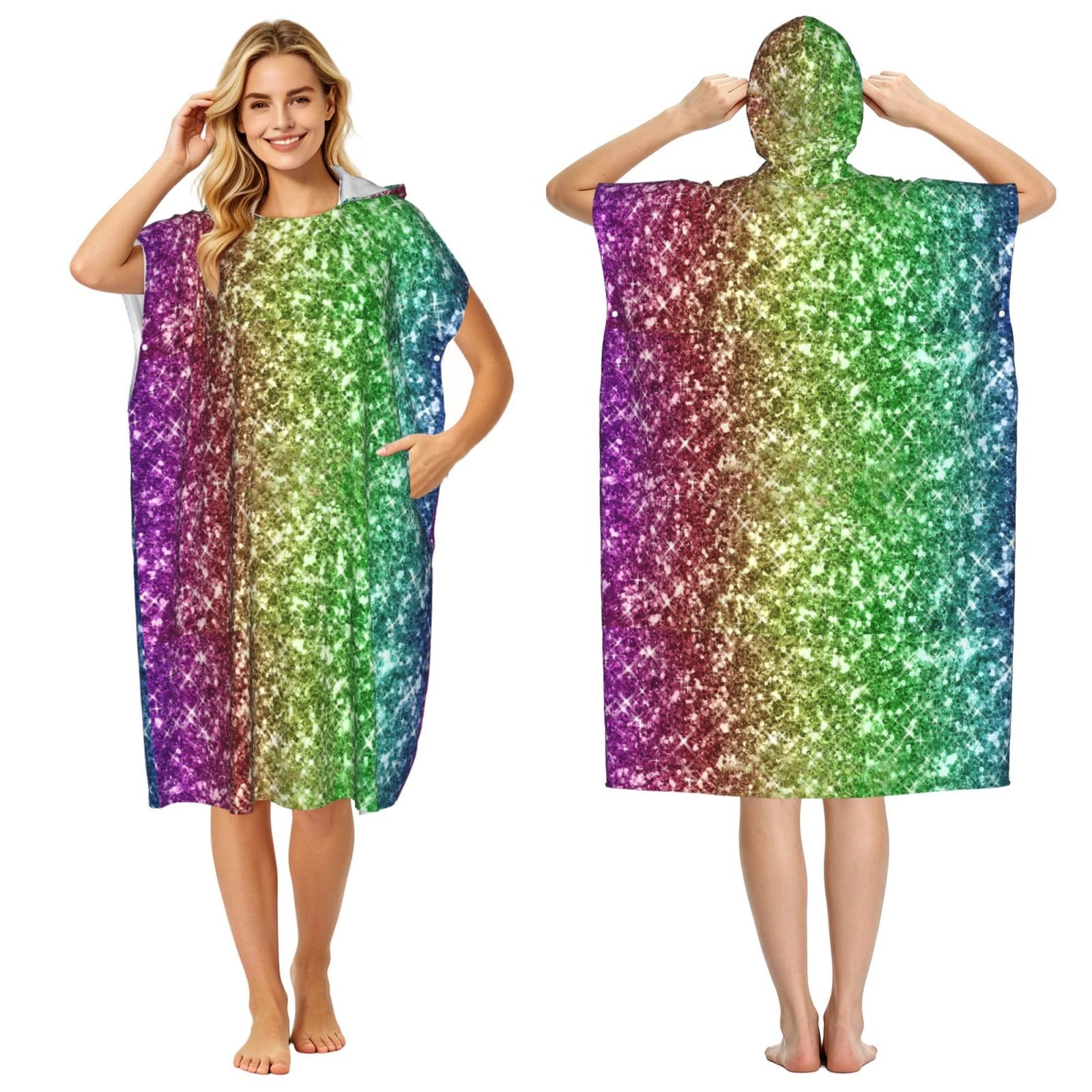 Poadnly Rainbow Glitter Sparkle, Adult Hooded Beach Towel 90 x 110 cm,Changing Bath Robe, Surf Poncho Towel For Women Men
