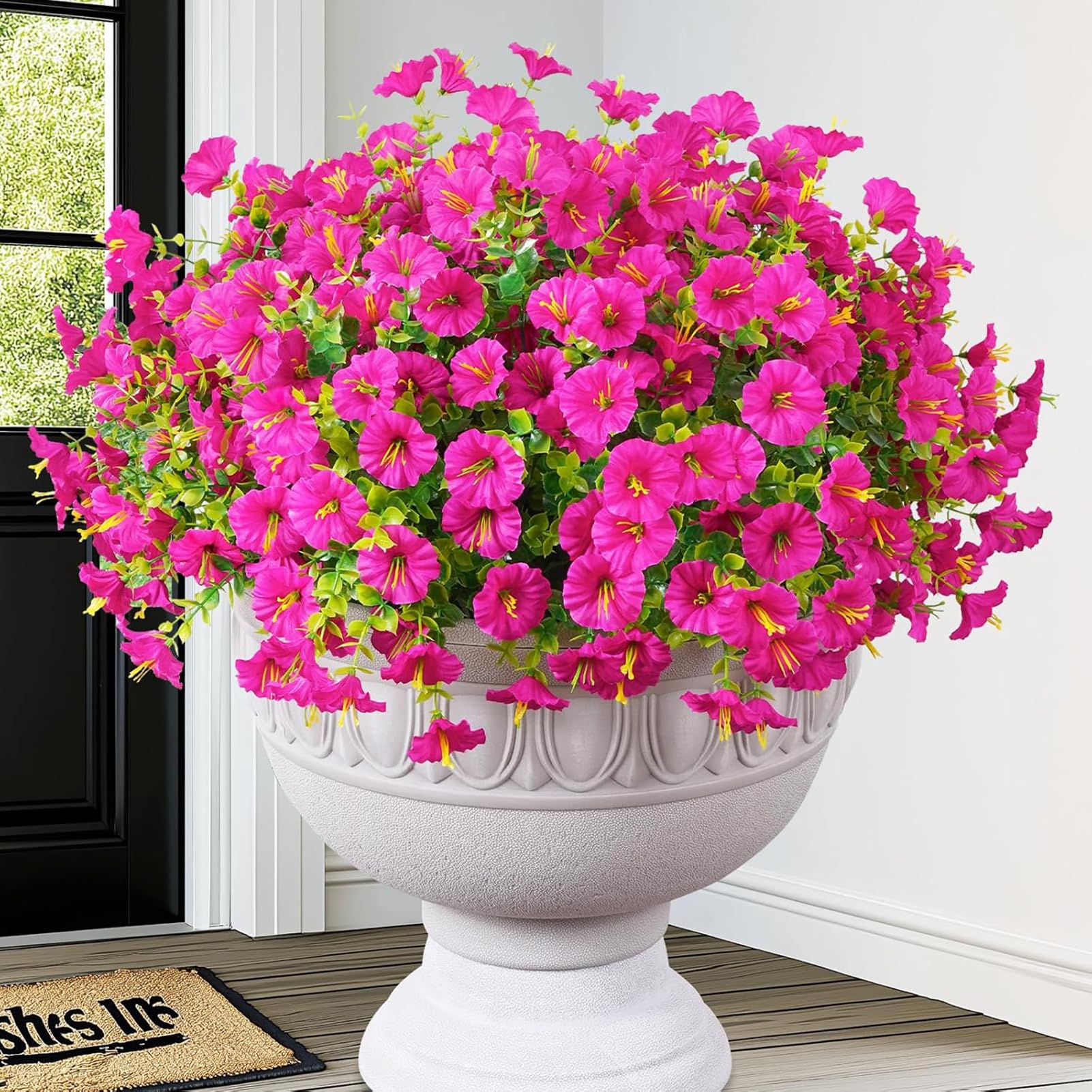 Regallop Artificial Outdoor Flowers Fake Plants, 12 Bundles Silk Morning Glory Eucalyptus Realistic Colorful Faux Flowers for Outside Planter Porch Yard Patio Balcony (fuchsia)