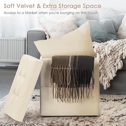 Miniatura 4 de Otomana con almacenamiento, juego de 2 reposapiés con bolsillo lateral, reposapiés otomano tapizado pequeño de 16.8 pulgadas, otomanas Crema,Negro