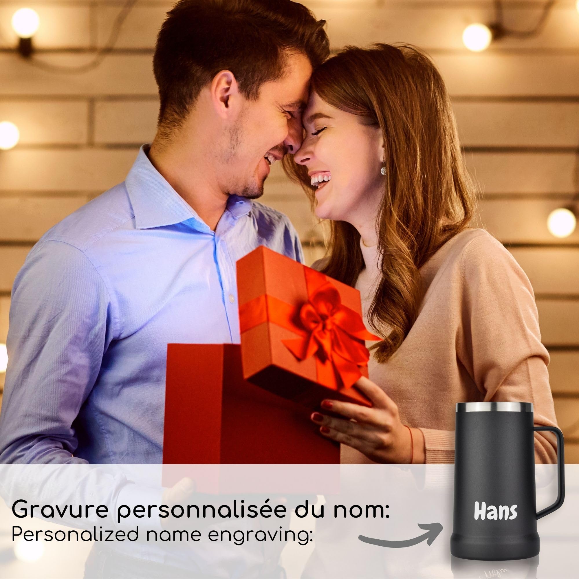 Milu chope de bière acier inoxydable avec gravure | Verre à bière blanche isolant reste fraîche | Tasse à boire avec couvercle amovible | cadeau pour hommes (700ml + gravure)