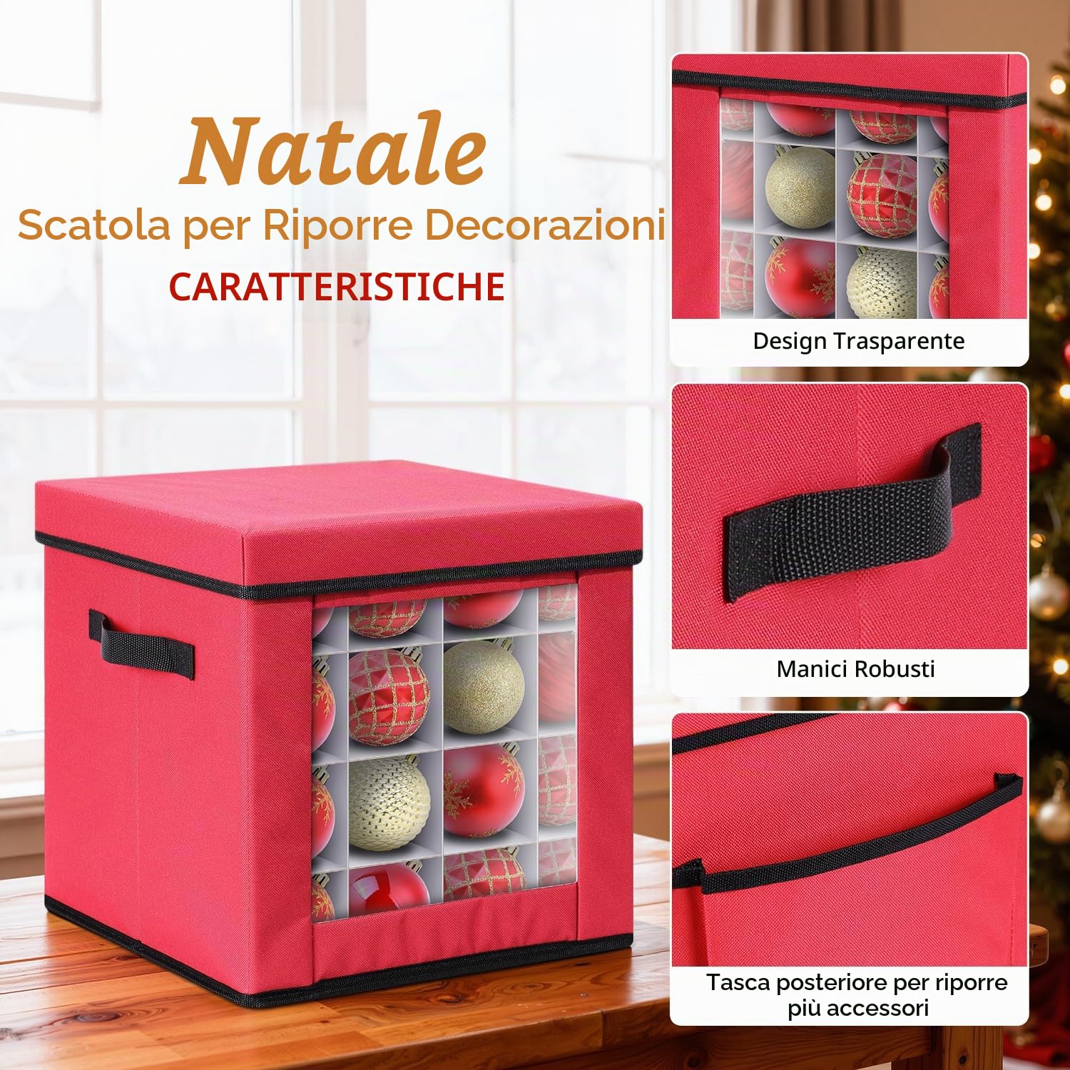 Porta Palline Natale, Ohuhu Contenitore Palline di Natale 64 Scomparti da 7,6 cm, con Tasca Posteriore E Divisori Regolabili, Tessuto Oxford 600D