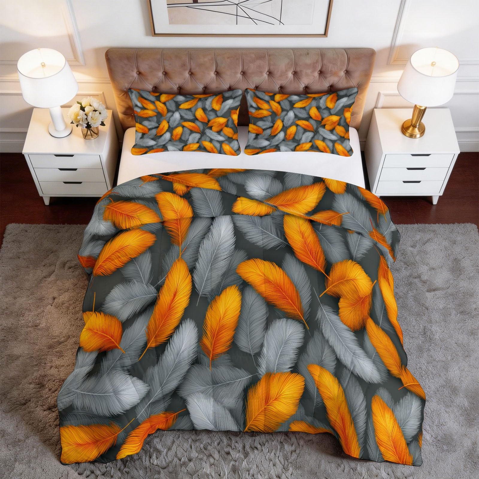 Trapunta Matrimoniale o Singola Stampa 3D 150x200 cm piume grigio-arancio Trapunta Set 3 Pezzi con 2 Federe, Piumone Letto 4 Stagioni Trapuntino Traspirante Morbida