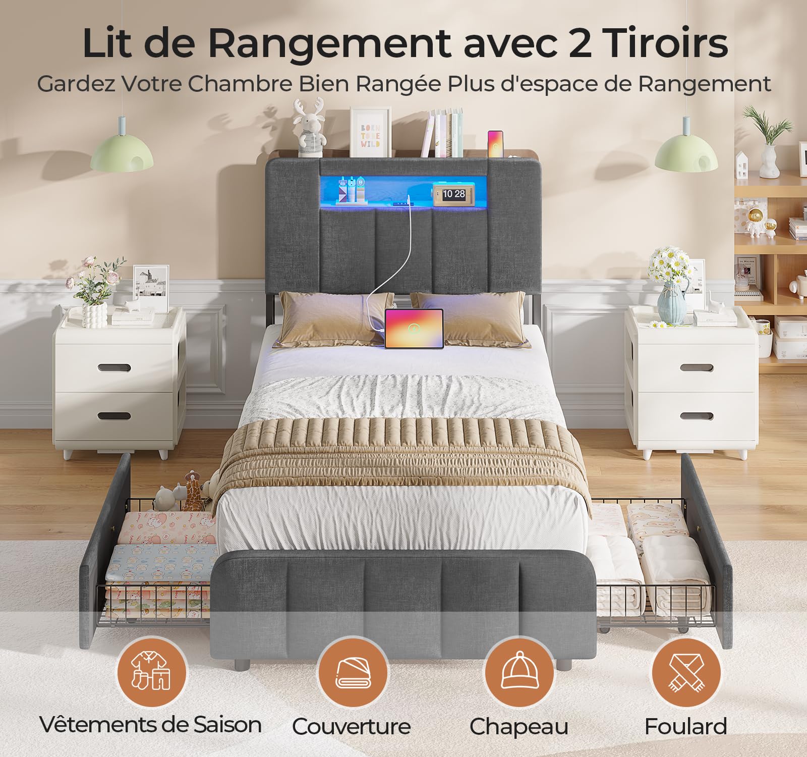 AOGLLATI Lit 90x200 à LED avec Multiprise et 2 Grands Tiroirs, Cadre de Lit avec Sommier à Latte et Tête de Lit Capitonnée Sommier avec Rangement, Moderne sans Matelas-Lin Gris