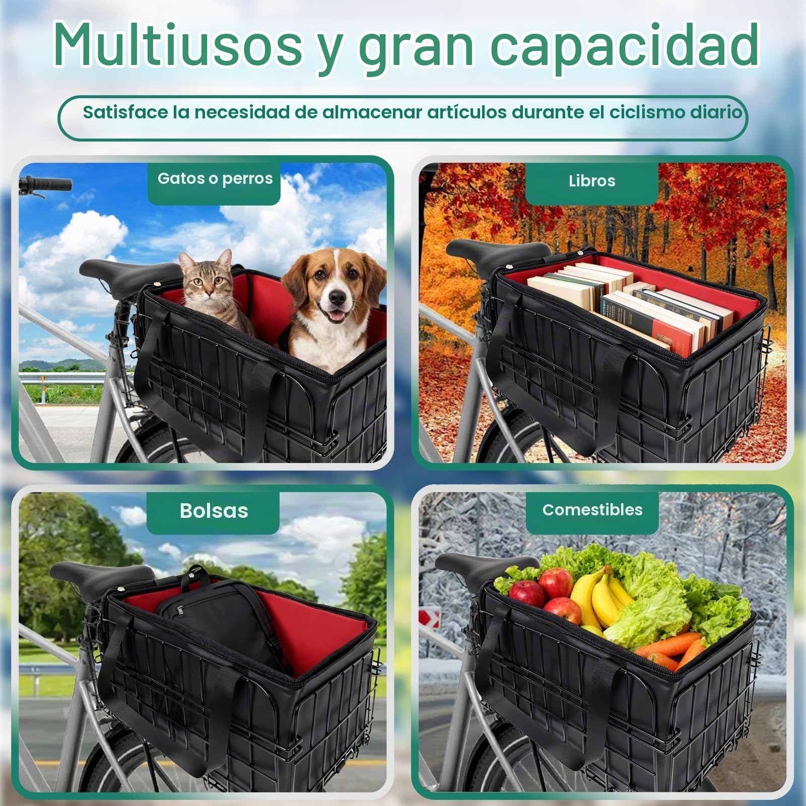 Cesta Trasera Bicicleta de Metal con Bolsillo Interior, Cesta Portaequipajes Universal para Compra Viaje Transporte de Mascotas y Alimentos, Compatible con Bicicletas y Bicicletas Eléctricas