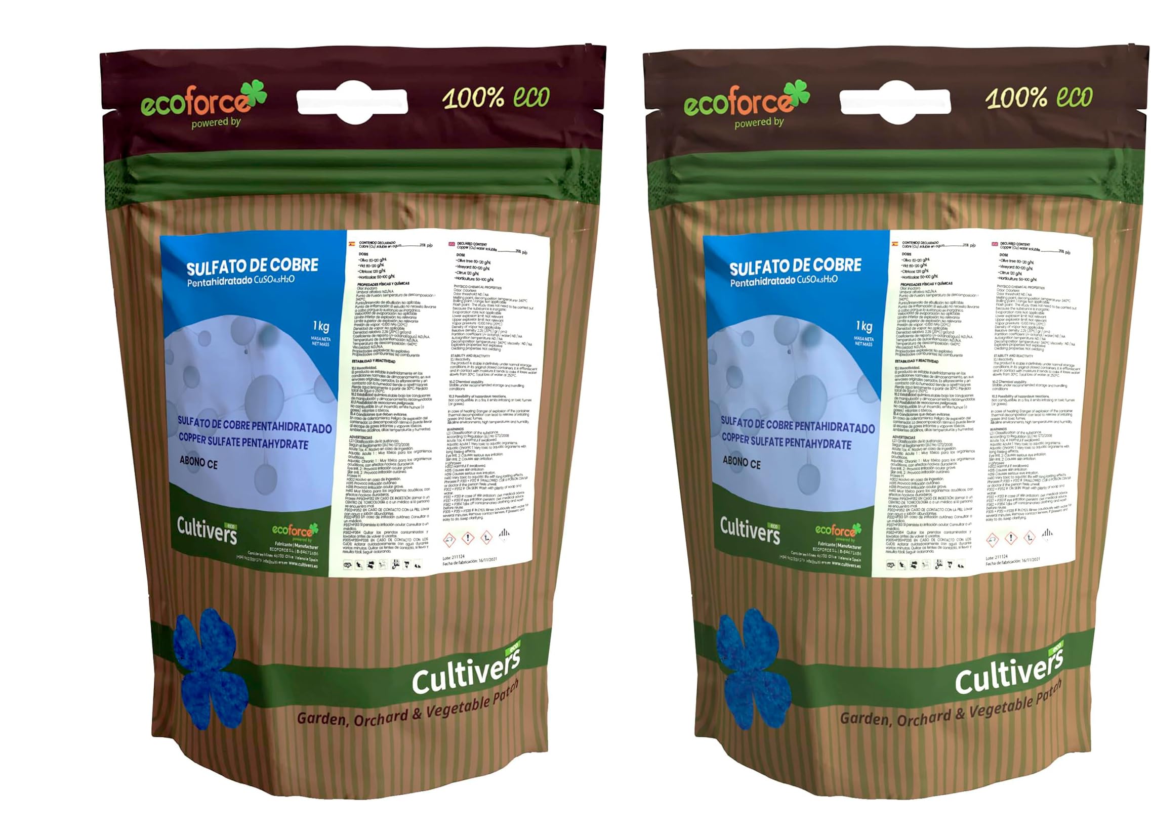 CULTIVERS Sulfato de Cobre cúprico CuSO de 2x1 kg Polvo Mojable. Multiples usos.
