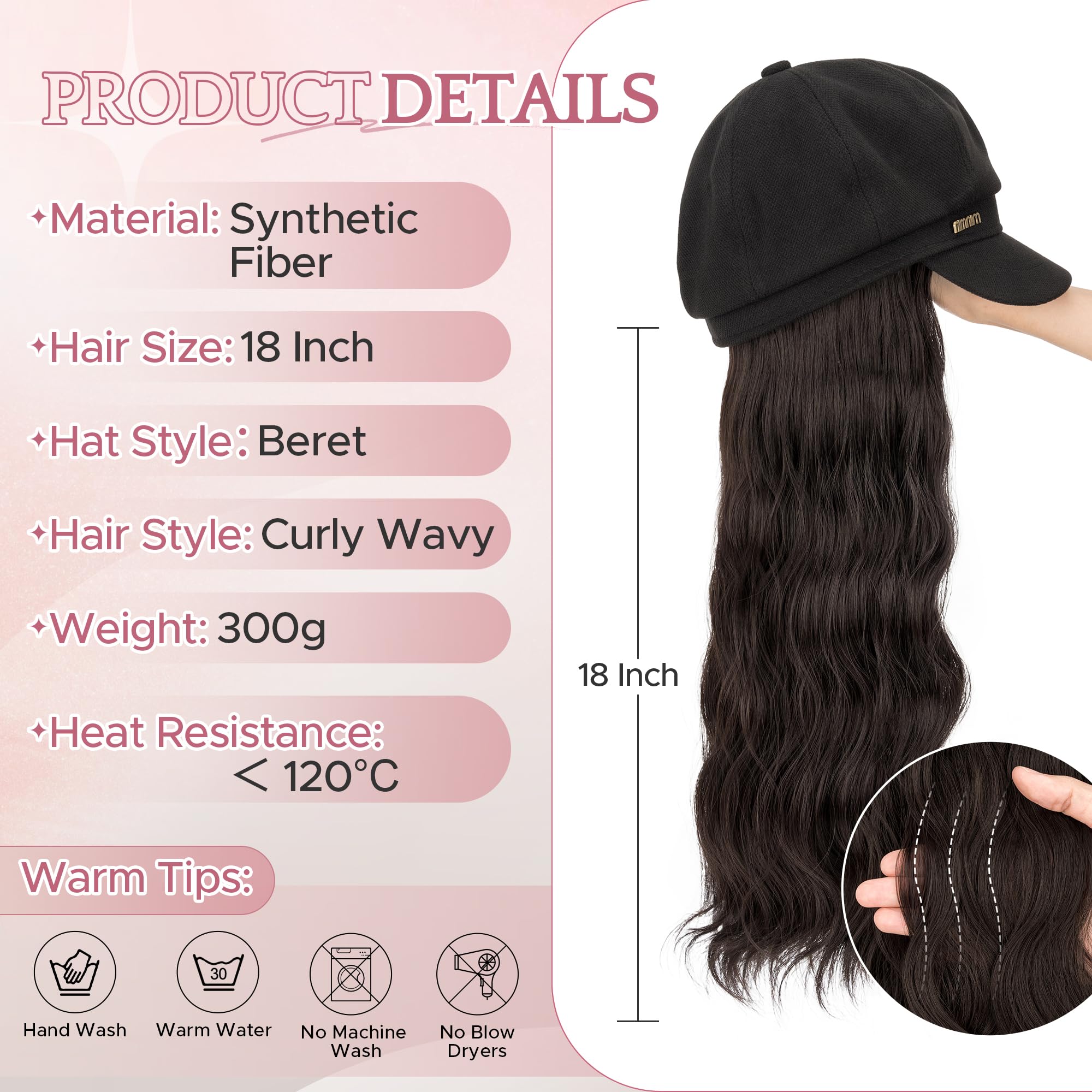 SEGO 18 Inch Long Wavy Hair Extension With Attached Black Beret Hat Synthetic Hairpiece Fashionable For Women - Dark Brown - Image 2