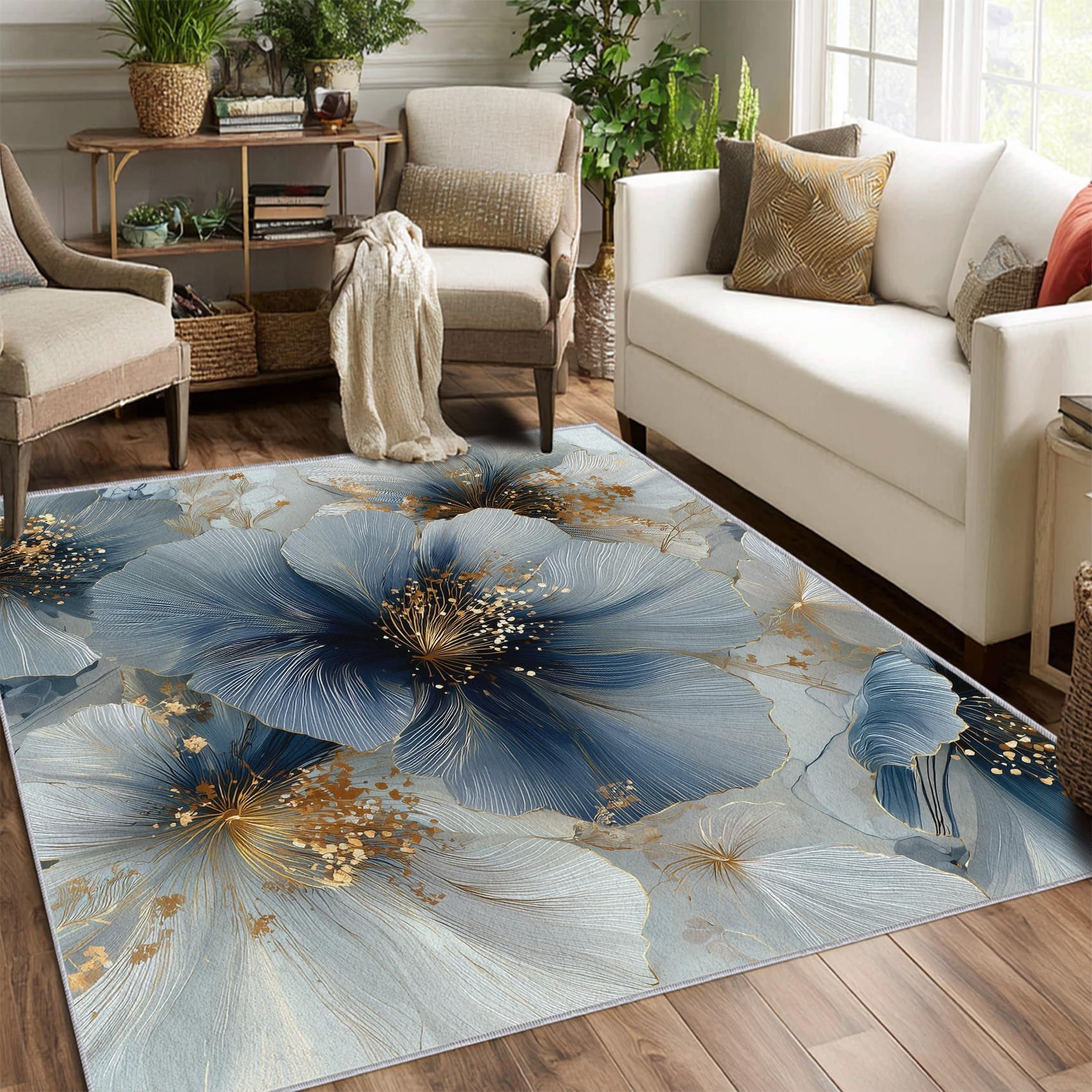 Tapis bleu et or lavable pour habiller une chambre ou un salon cocooning