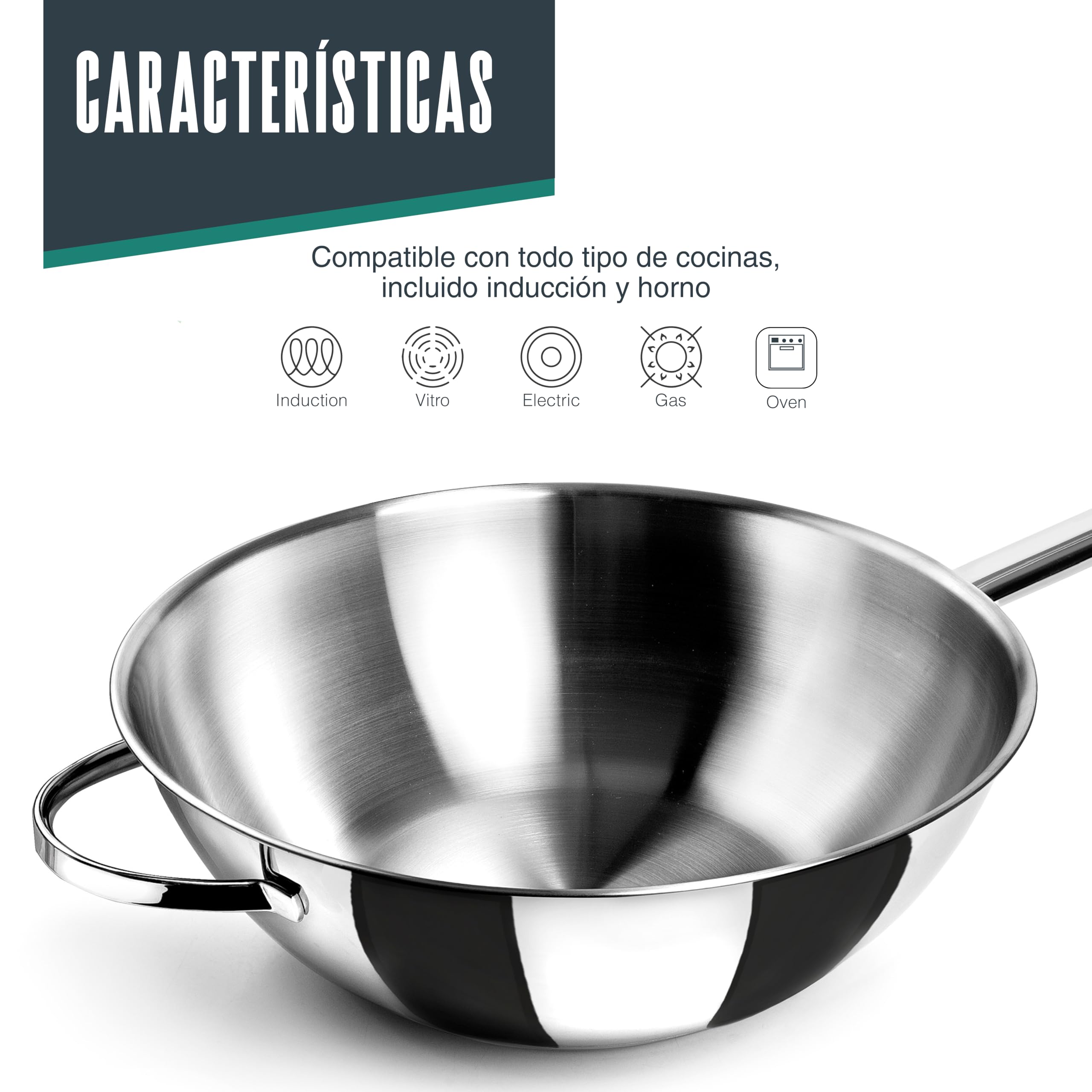 Lacor - 79830 - Wok Belly, Acero Inoxidable 18/10, Ø 30cm, 4,50 litros, Apto para inducción, Fondo Sándwich, Apto para horno, Apto para lavavajillas