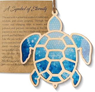 Sea Turtle Gifts for Women, Wooden Turtle Ornament with Stained Glass Style Acrylic, Ocean Theme Decor and Coastal Gifts for Friends and Beach Lovers, Sea Turtle Decor for Christmas Tree (Ocean Blue)