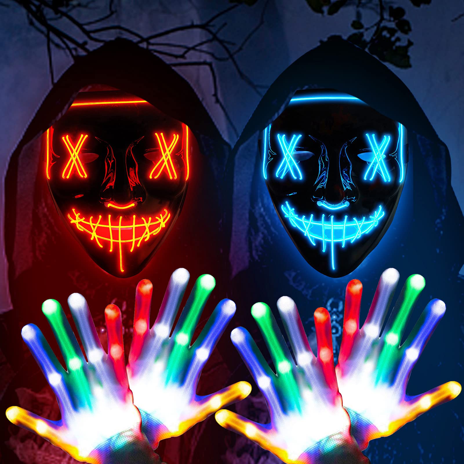 ThinkMax 2 Pack Halloween Purge Masks Led Light Up Masks and Gloves Set for Halloween, Festival Cosplay