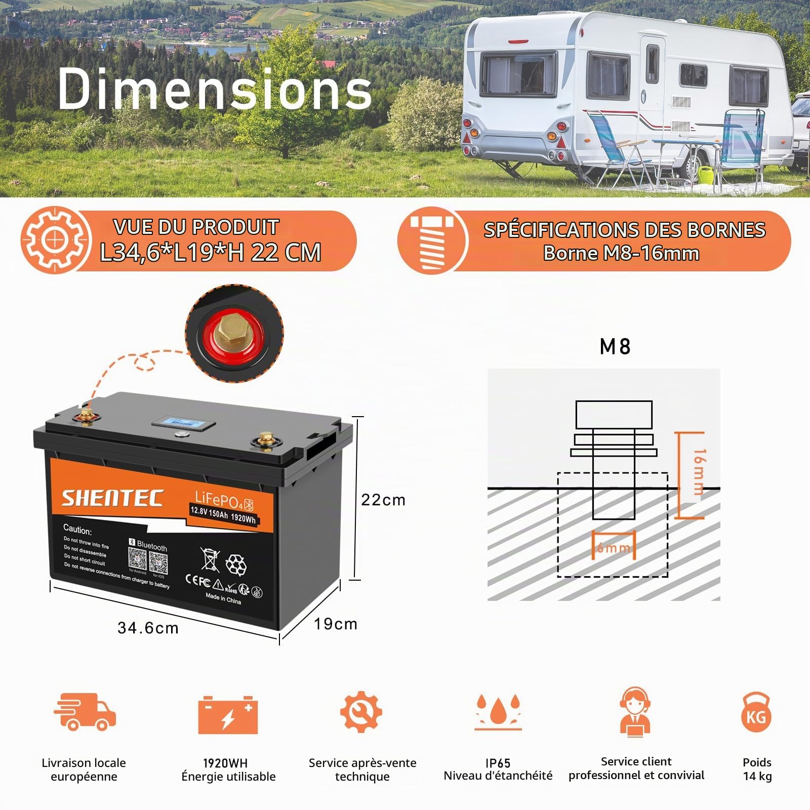 Batterie au lithium LiFePO4 150Ah 12V intégrée 150A,fonction BMS Bluetooth,Max.15000 cycles profonds et 1920W de puissance de sortie,durée de vie de 10 ans,parfait pour camping-car