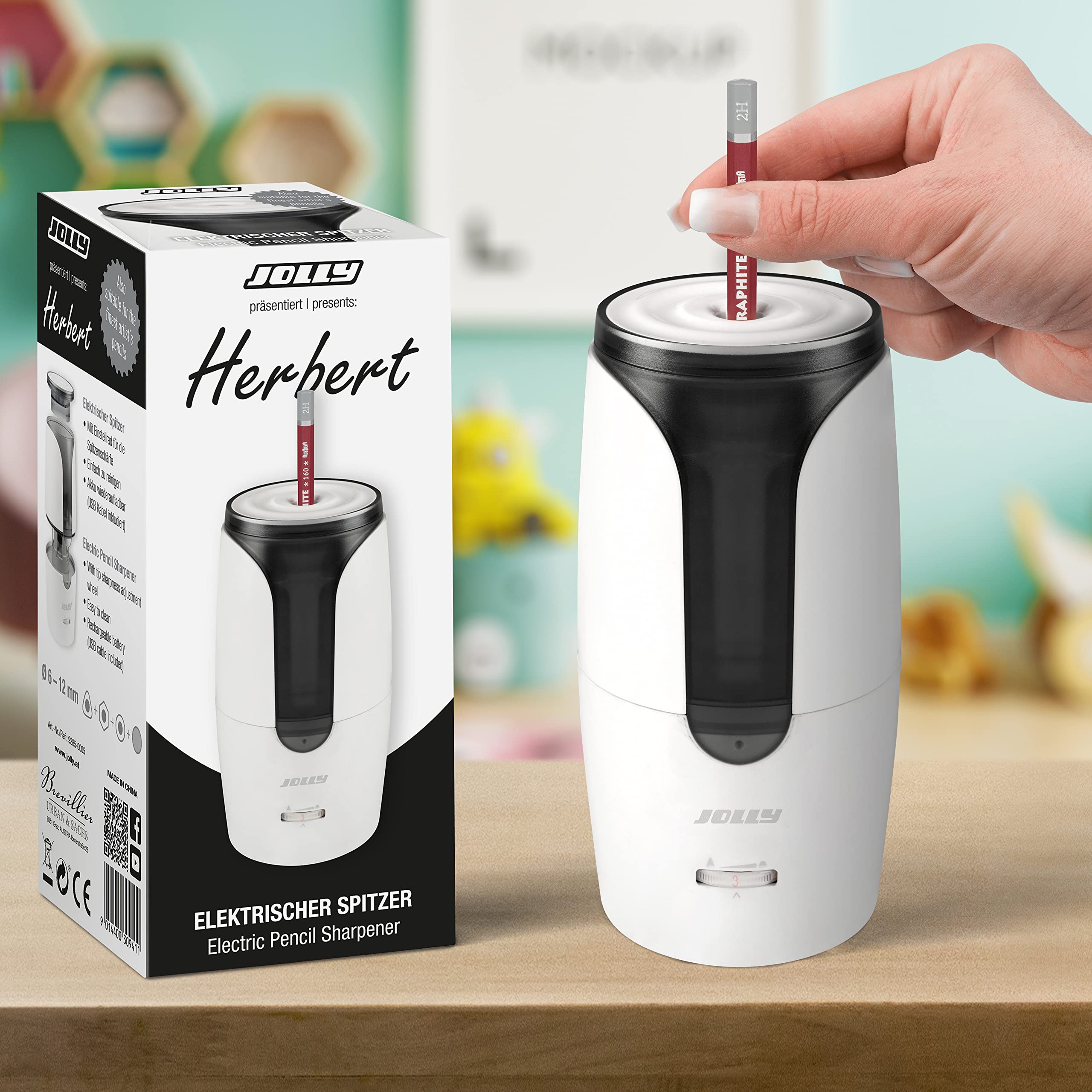 Sacapuntas eléctrico JOLLY Herbert Sacapuntas eléctrico grande para todos los lápices, también para lápices finos de artista y lápices a todo color con auto-stop blanco, incl. cable de carga