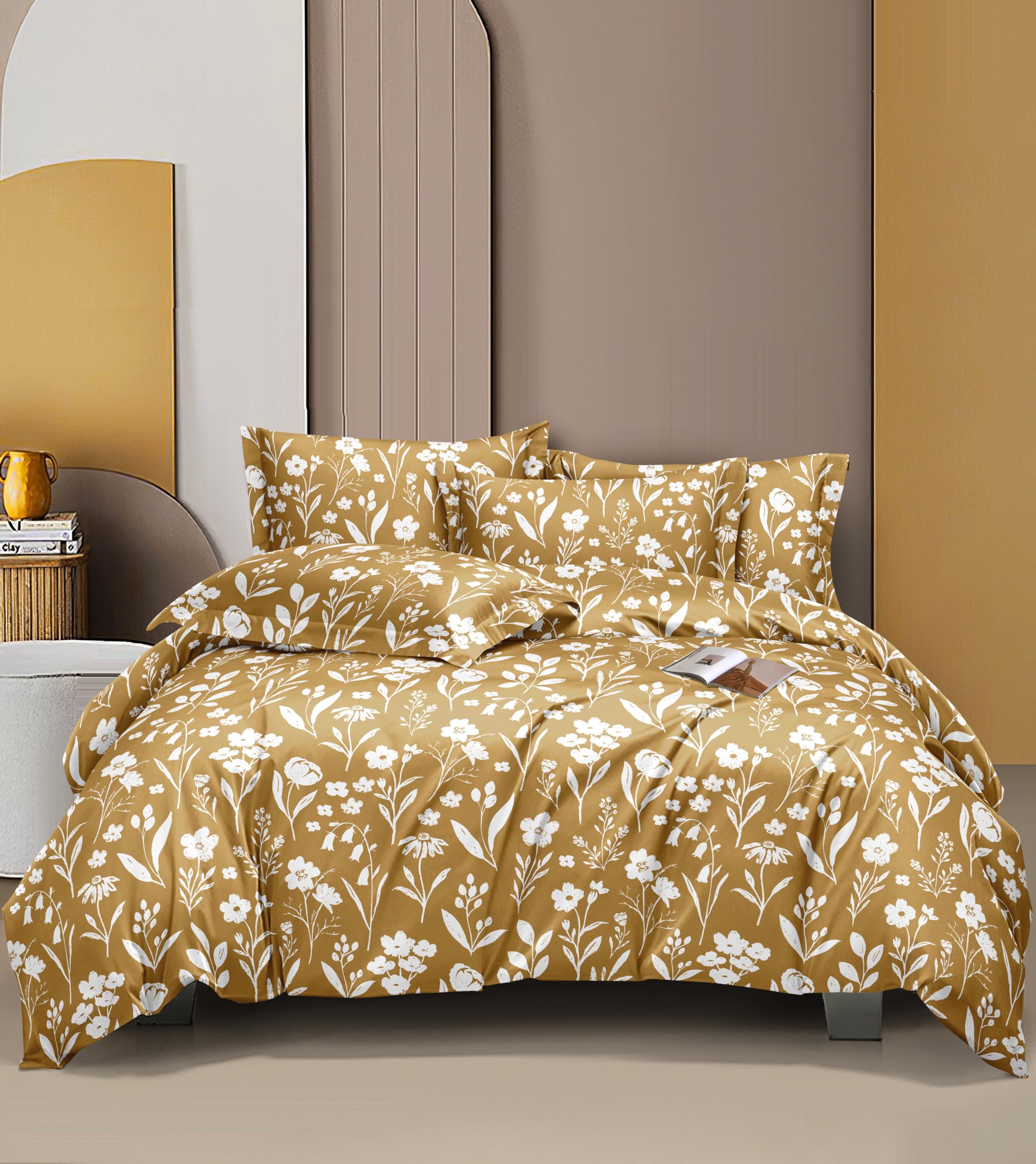 THE HOME STYLE Supersoft Glace Cotton Elastic Fitted All Around King Size Printed Double Bedsheet with 2 Pillow Cover & King Size Comforter/Duvet/Blanket (72"x78" + Comforter, Honey Lace)