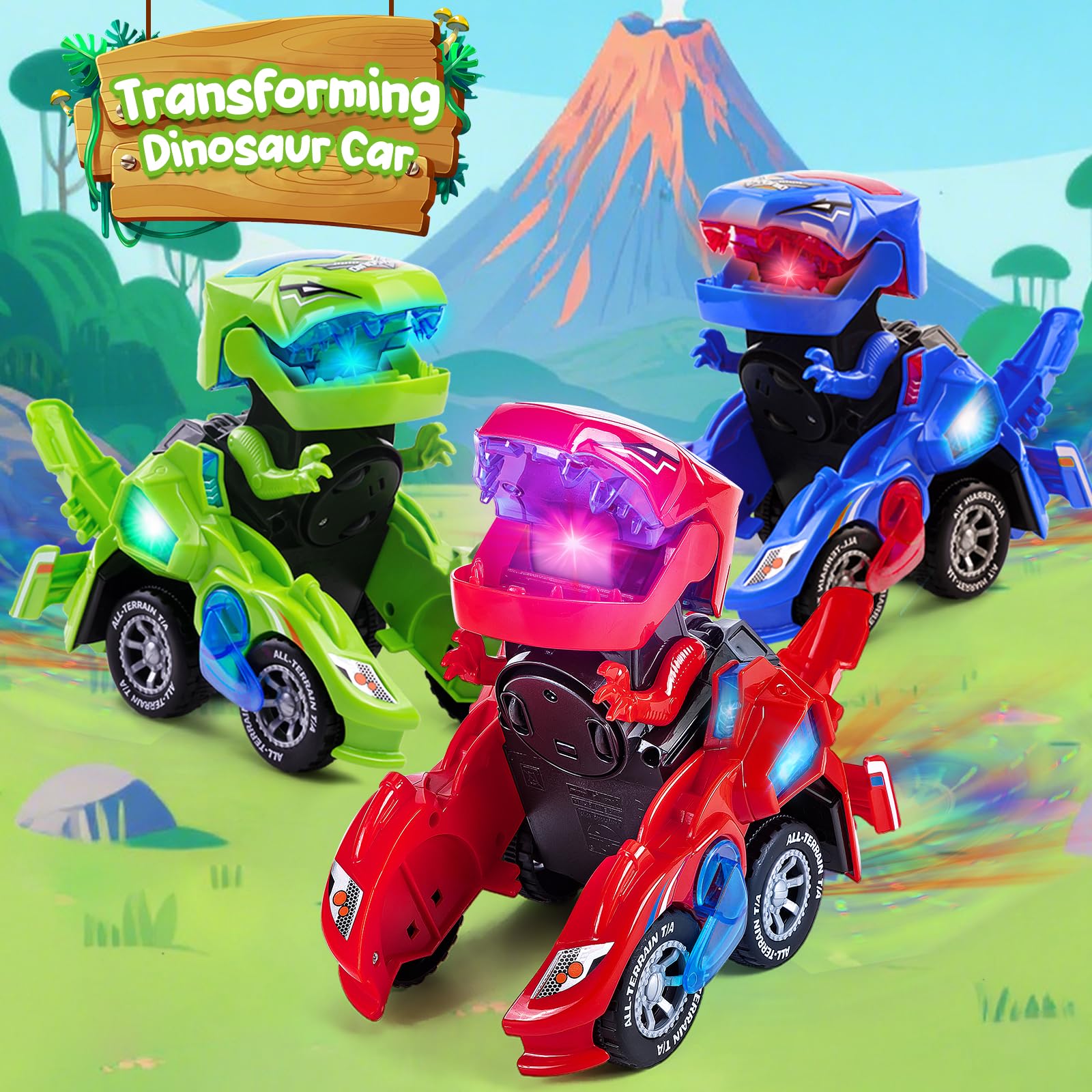 Dinosaur Transforming Car, Dino Toys with Flashing Lights and Sound for Boys Girls Age 3-7 Automatic Electric Transform Cars Toy Birthday Xmas Gifts for Kids 3 4 5 6 7 Years Green