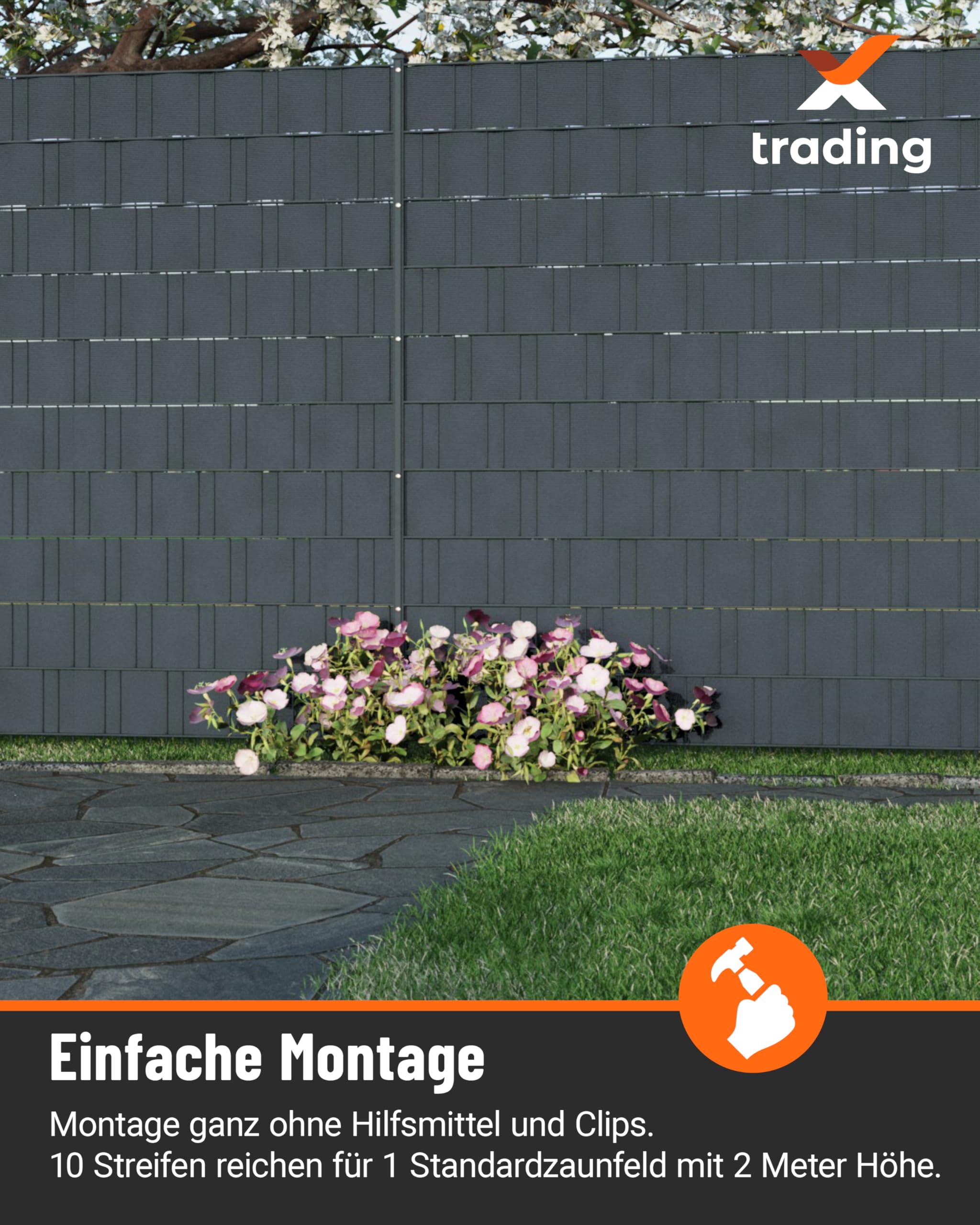 X-trading PP Sichtschutzstreifen für Doppelstabmatten-Zaun (2,53 m x 19 cm) Anthrazit 10 Stk. – RAL 7016 – Rillenoptik – Qualität Made in Germany, einfache Montage ohne Clips & Werkzeug