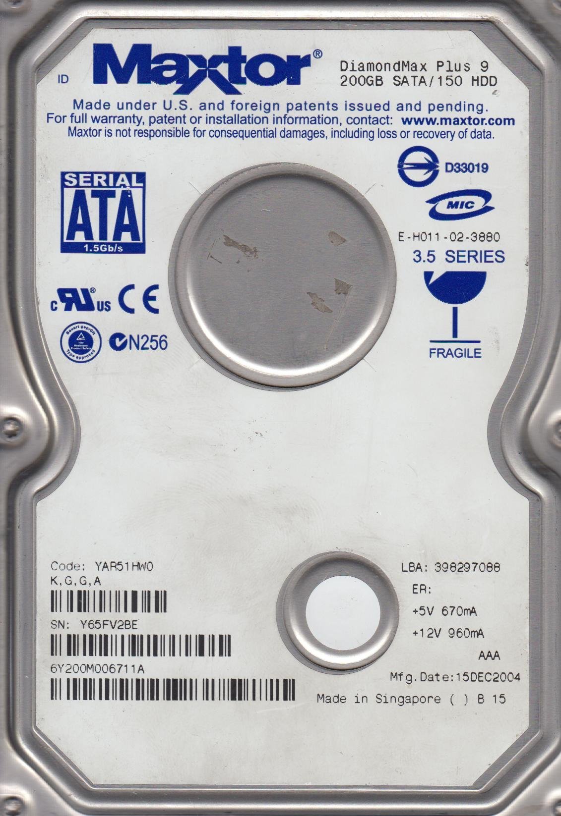 Maxtor 6Y200M0 Réparer PC Fixe Disque Dur 200GB SATA KGGA