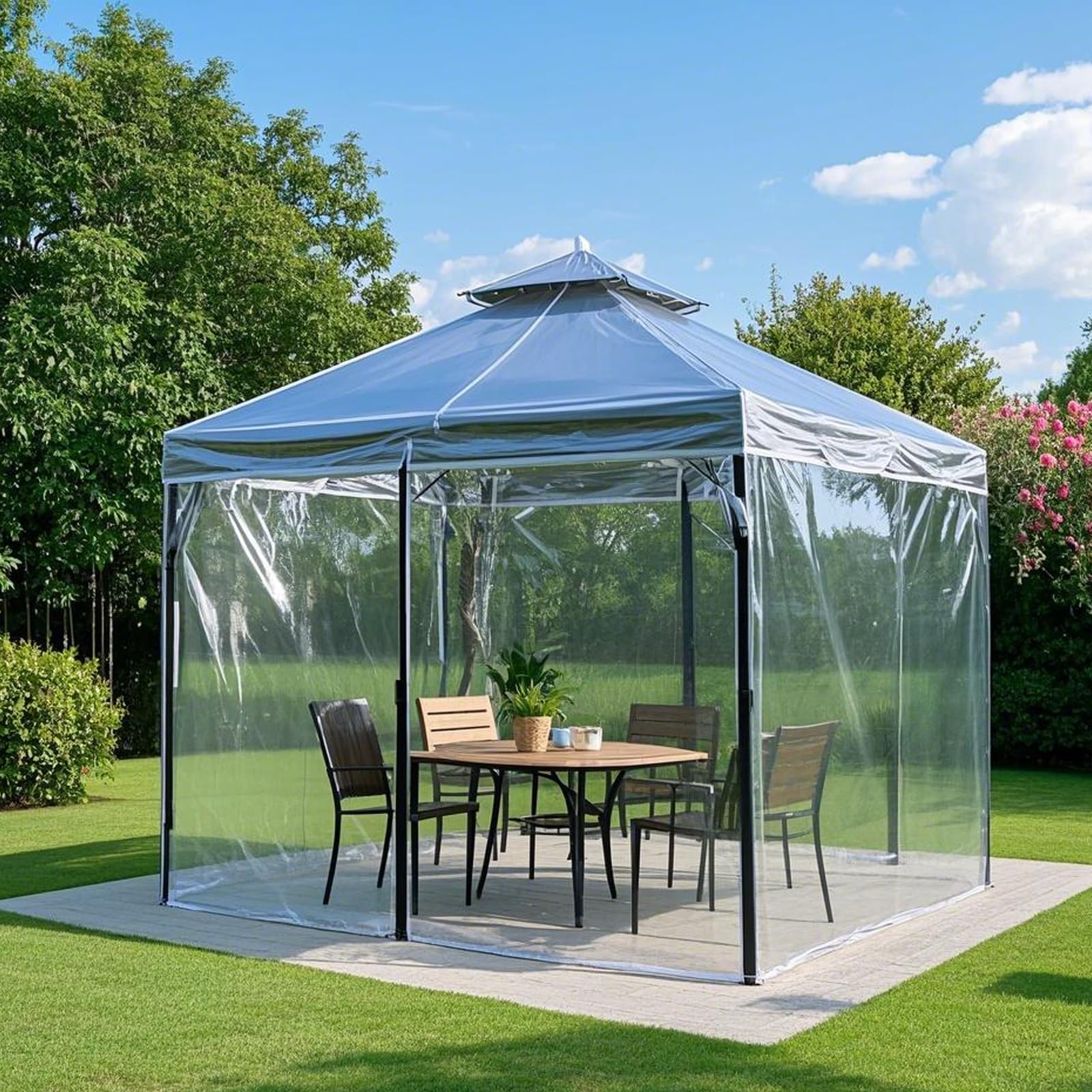 3 x 5 m Telone Trasparente con Occhielli in PVC, 400 g/m², Telone Impermeabile Trasparente, Telon per esterno, con 10m Corda Antivento, per Balcone, Giardino, Serra, Barche, Auto