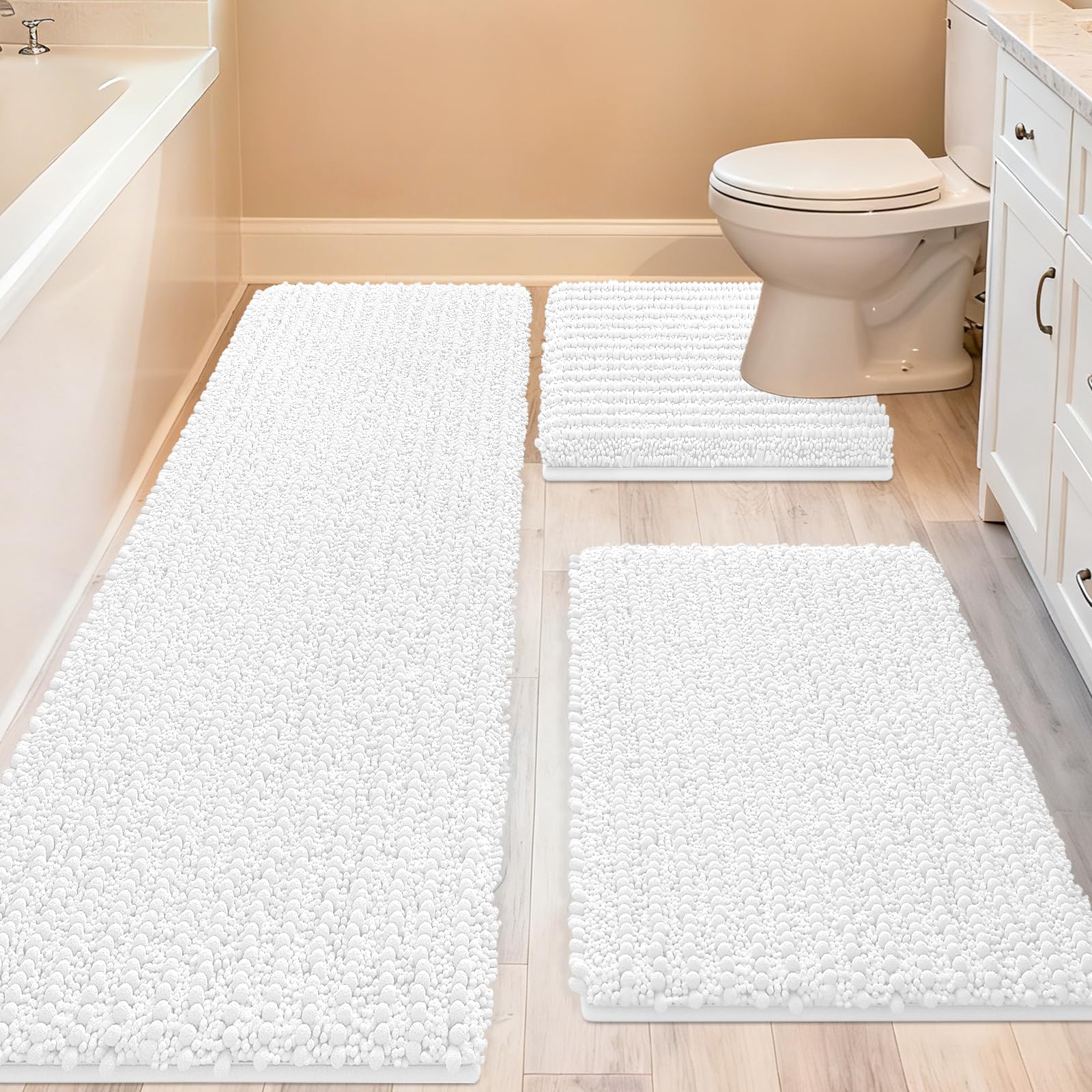 ACCUMTEK Upgrade Extra Large White Bathroom Rug Set 3 Pieces Ultra Soft, Thick Absorbent Bath Mats, Non Slip Chenille Toilet Mat for Bathroom, Bedroom, Kitchen