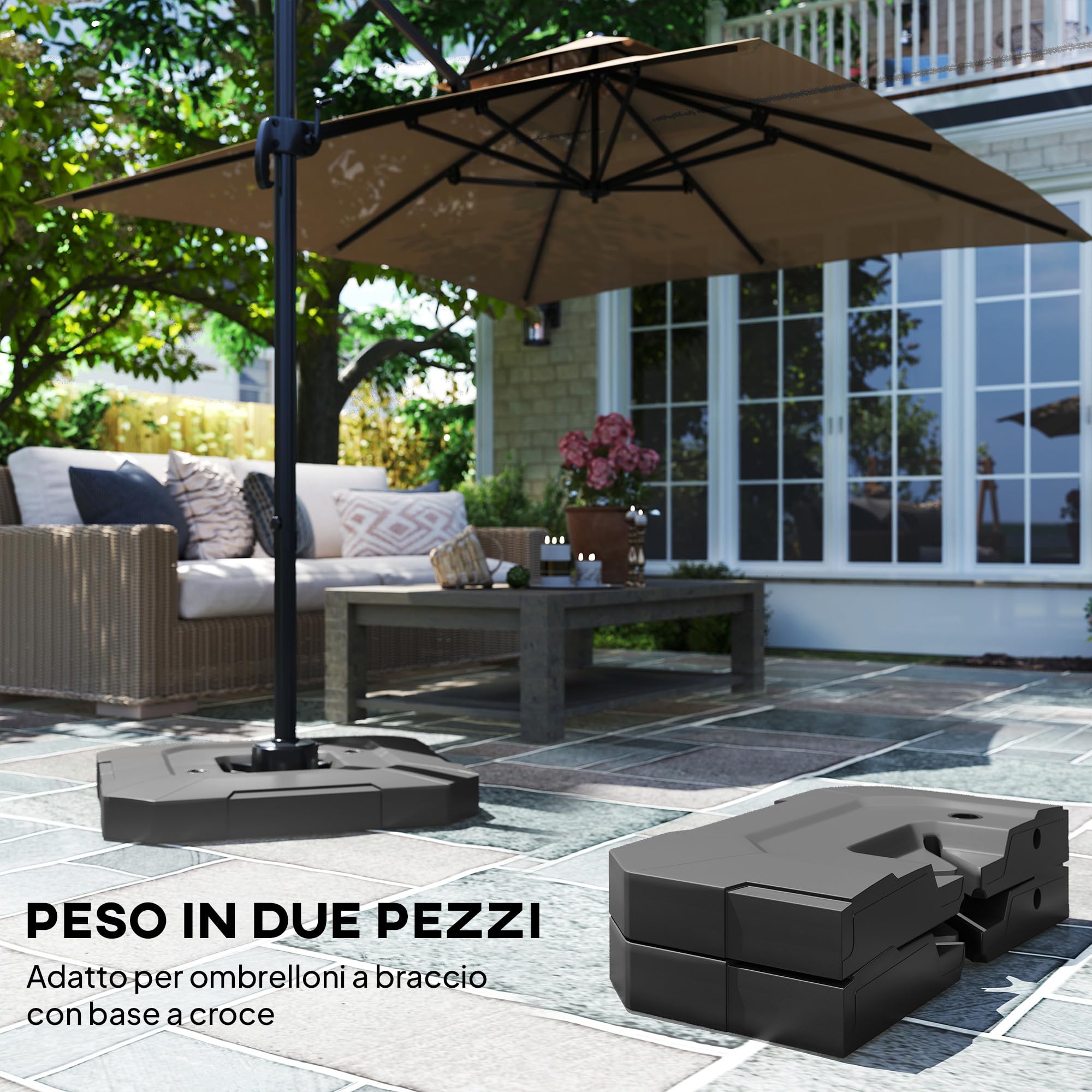 Outsunny Set 2 Pesi per Ombrellone Riempibili in HDPE 101x101x12cm Nero