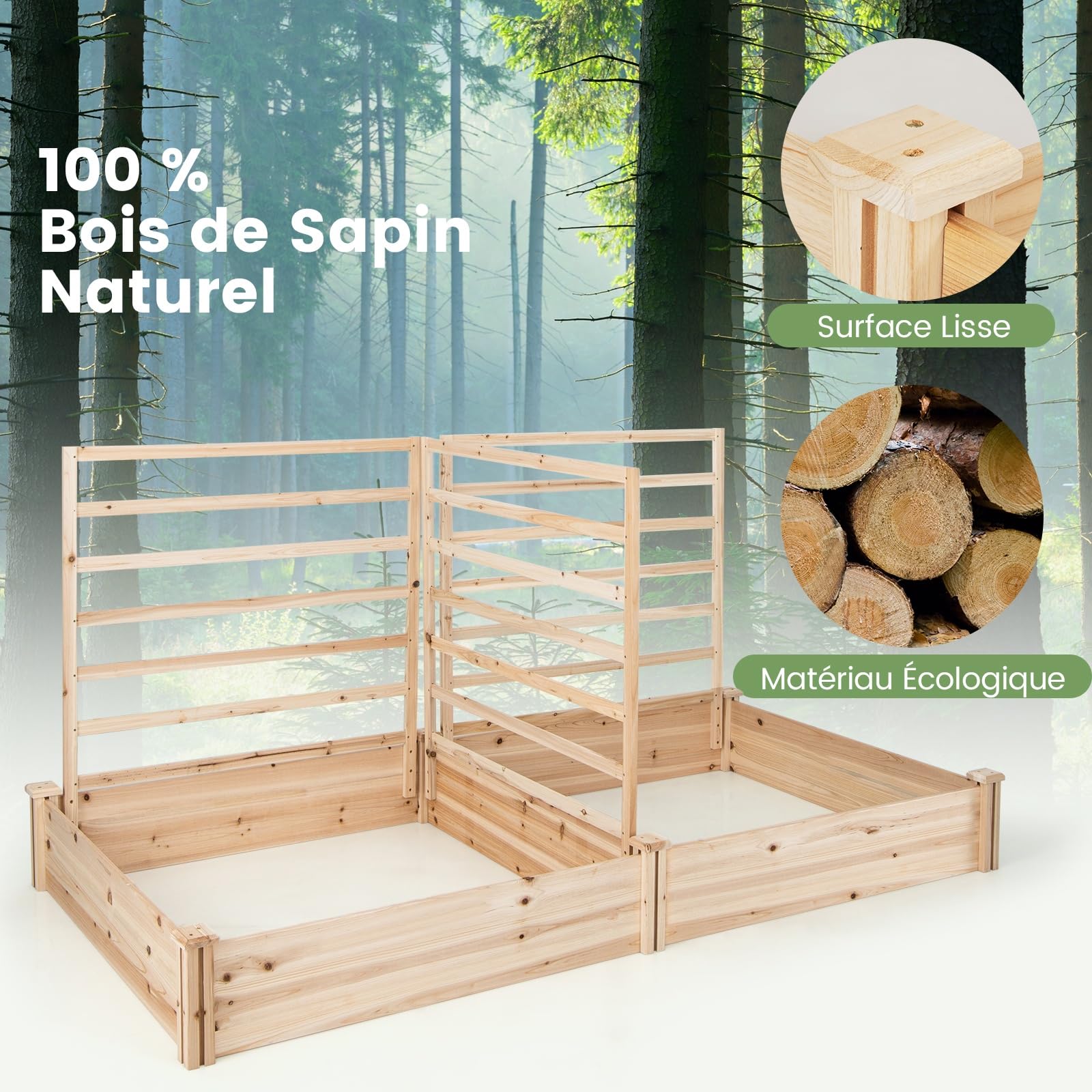 RELAX4LIFE Jardinère Surélevé en Bois avec 3 Treillis, 2 Bacs à Plantes Carré Potager surélevé Extérieur 2.2X 1.2x1.1M, Bac à Plantes Surélevé sans Fond pour Fruits Légumes Fleurs Herbes, KX8439FR