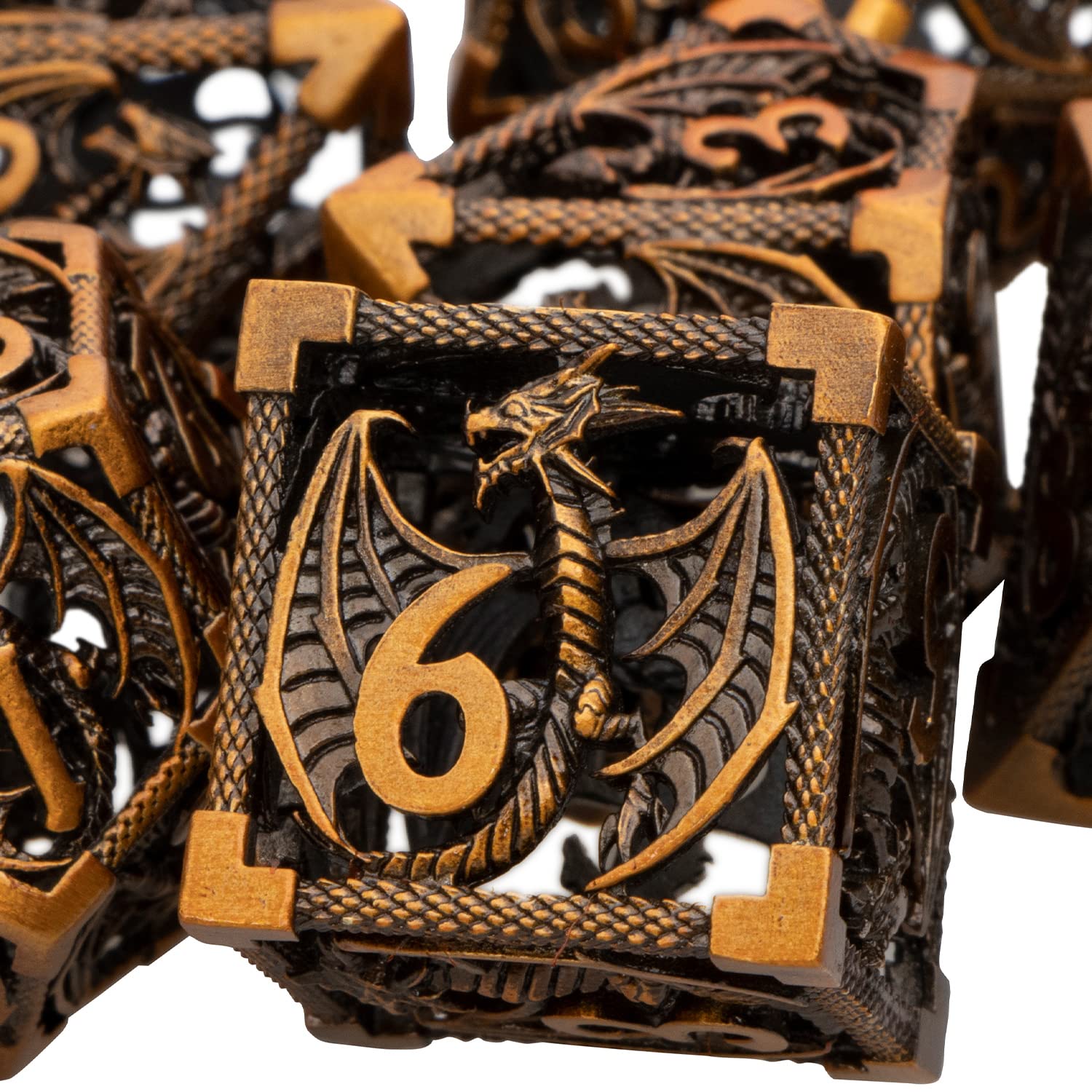 ARUOHHA Hollow DND Dice Set 7PCS Antique Gold Metal Dragons Dice with Gift Box, D and D Dice RPG Role Playing Games Dungeons Polyhedral Dice Set D20 D12 D10 D8 D6 D4 