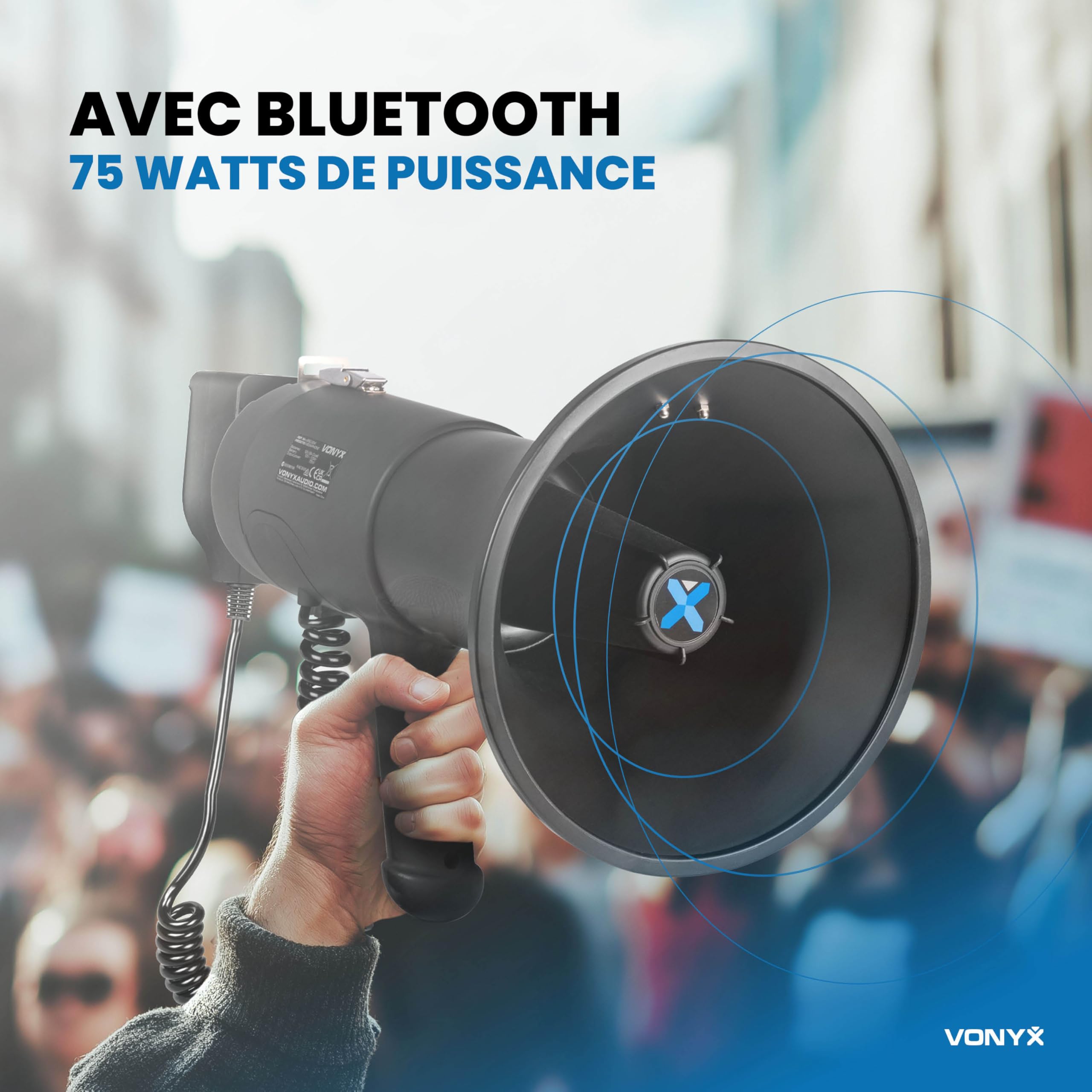 VONYX MEG075 Pack Mégaphone 75W - avec 1x Batterie Rechargeable MRB12, Portée Jusqu’à 1,3 km, Micro Main Détachable, Bluetooth & Lecteur MP3, Idéal pour Manifestations et Matchs Sportifs