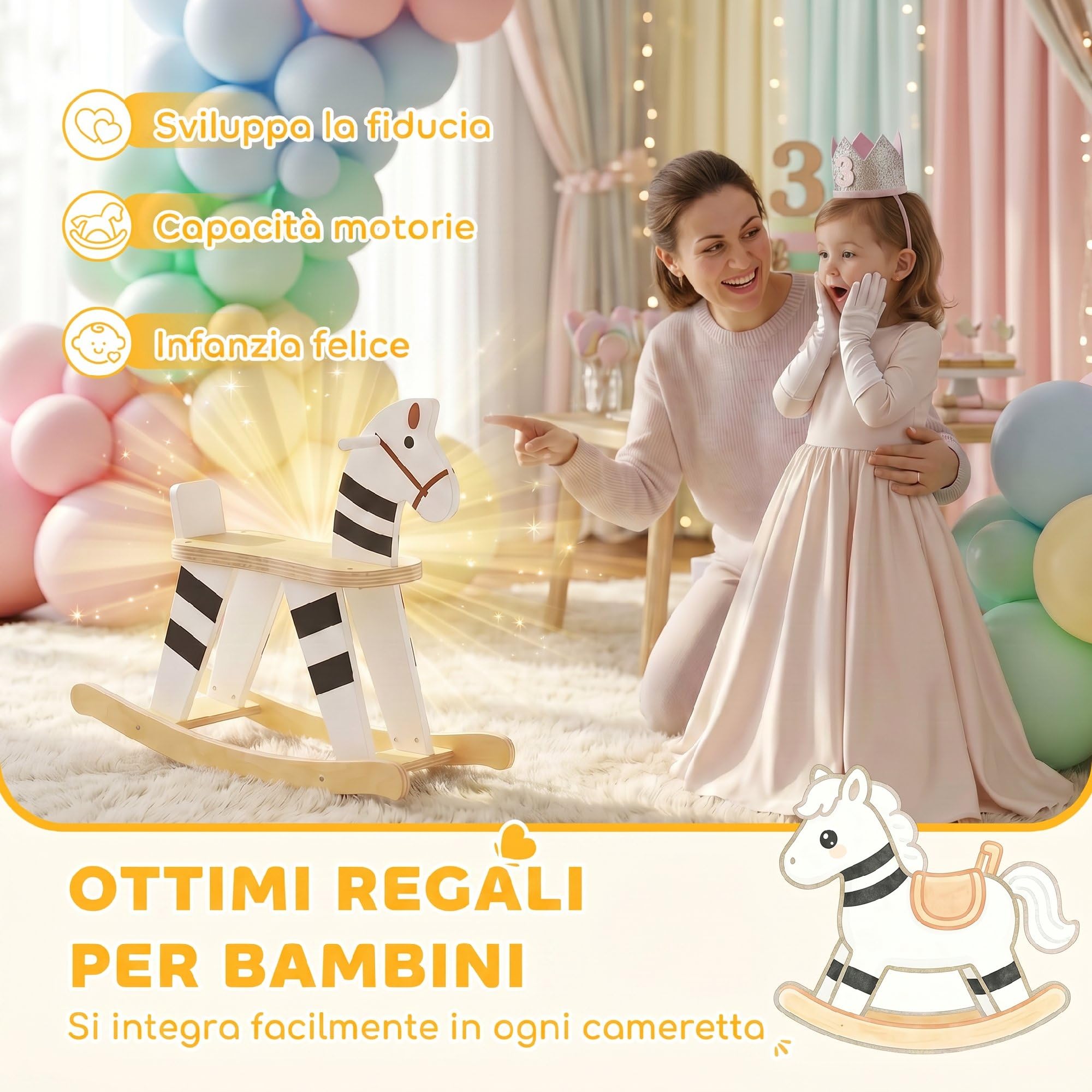 AIYAPLAY Cavallo a Dondolo per Bambini 1.5-3 Anni 68x26x53 cm Multicolore