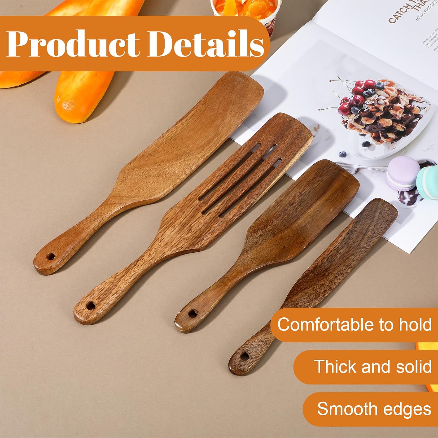 cobee 4PCS Wooden Spurtle Set, Teak Wood Spatula, Multipurpose Cooking Utensils for Non-Stick Cookware, Stirring, Scooping, Smashing, Serving - Image 4
