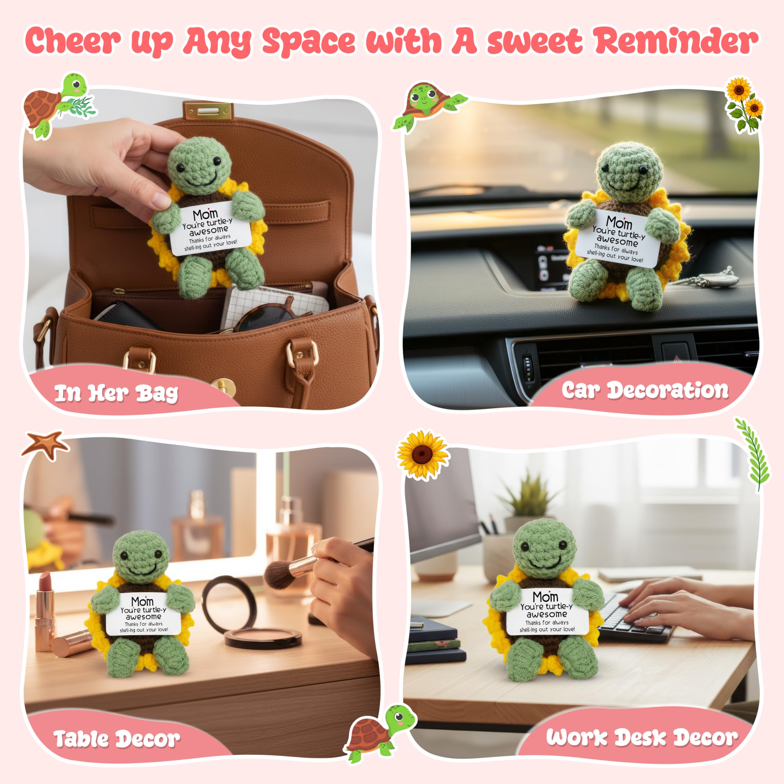 OASSIE Birthday Gifts for Mom from Daughter Son - Mini Handmade Positive Turtle Sunflower Crochet - Mother in Law Mama Grandma Birthday Gifts, Emotional Support Crochet Decor