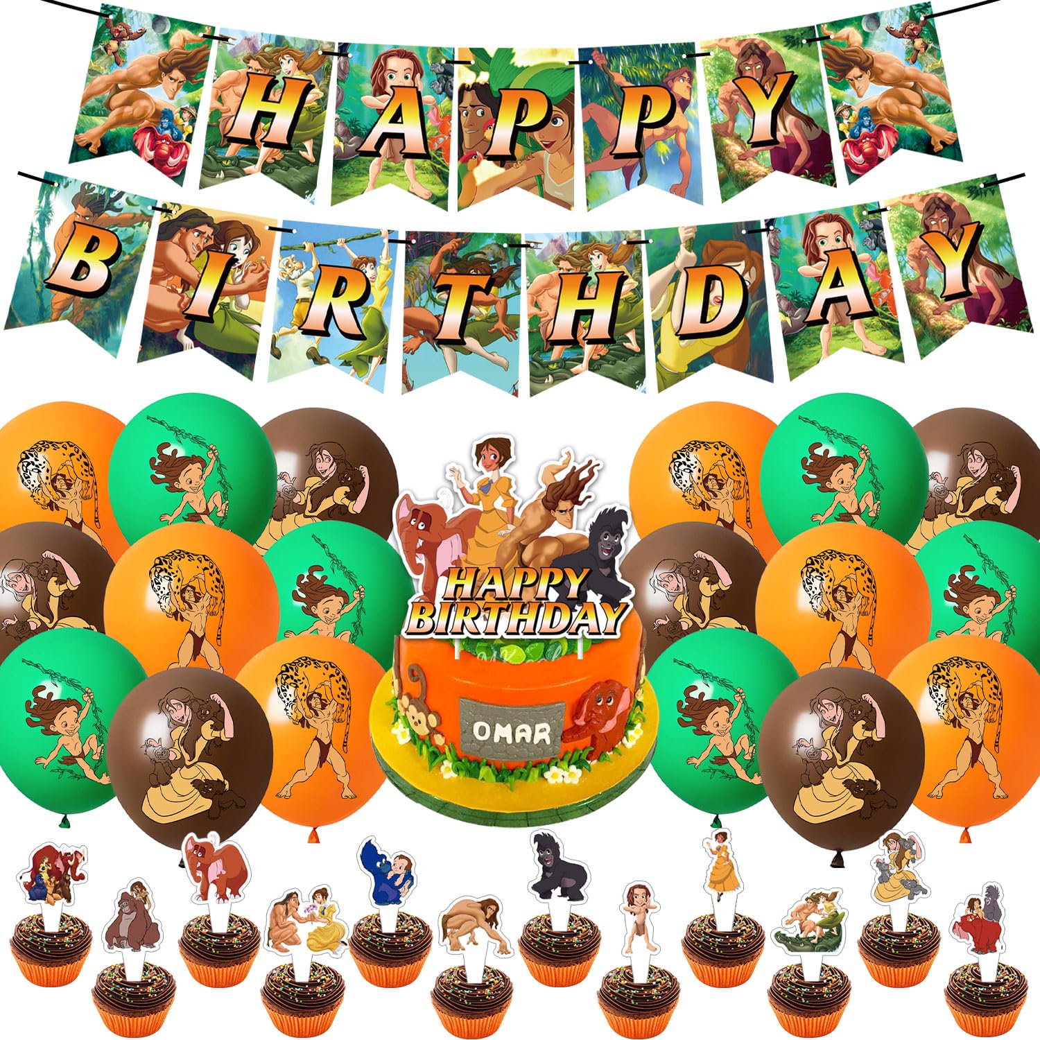 Tarzan Birthday Party Decorations, Cartoon Adventure Movie Theme Party Supplies with Happy Birthday Banner, Cake Toppers, Balloons for Kids Adults Birthday Party Supplies