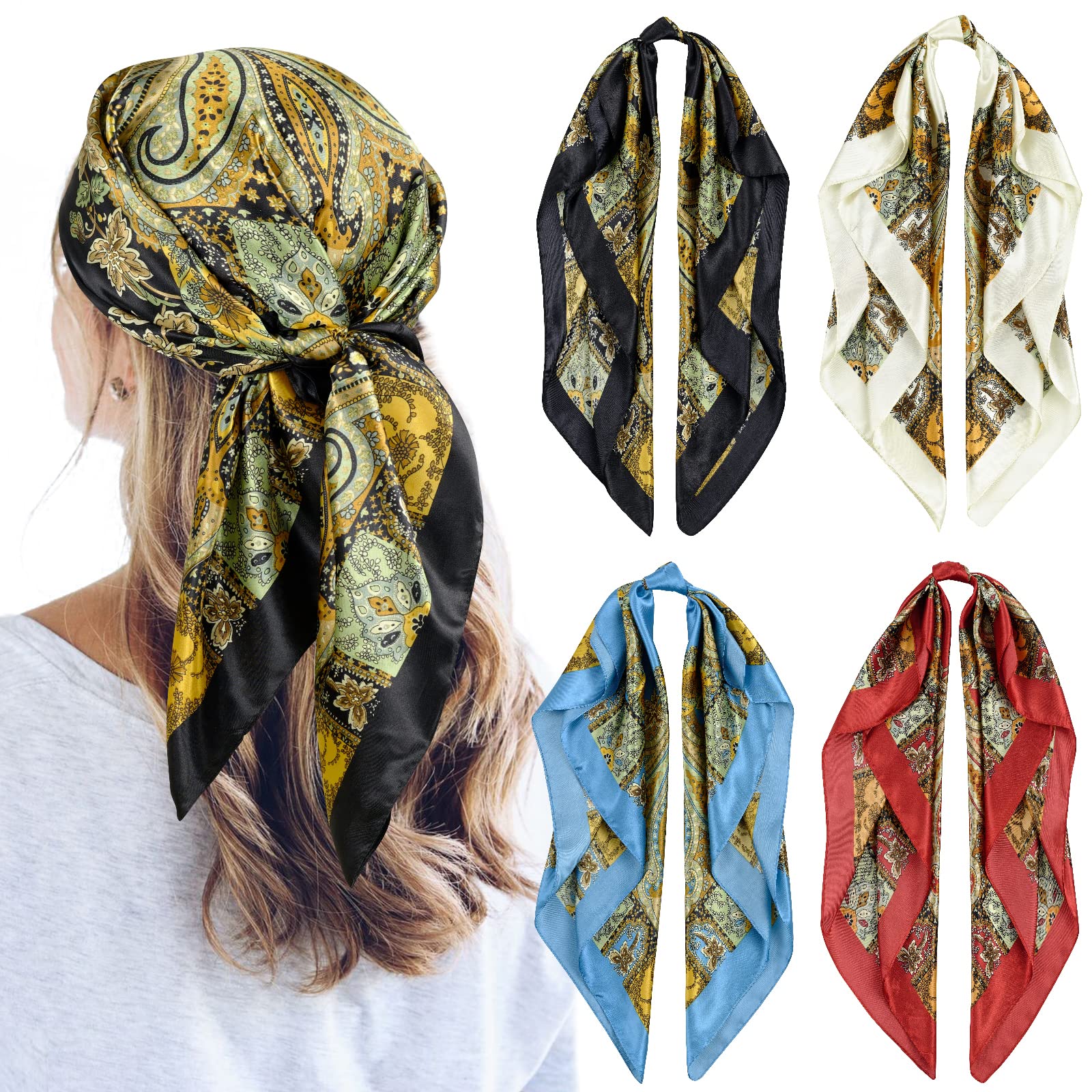 Yurosiay Dames zijden doek 90x90cm vintage bedrukte halsdoek barokke stijl satijnen sjaal dames vierkant faux zijden sjaal elegante satijnen hoofddoek bandana halsdoek halsdoeken voor vrouwen rood