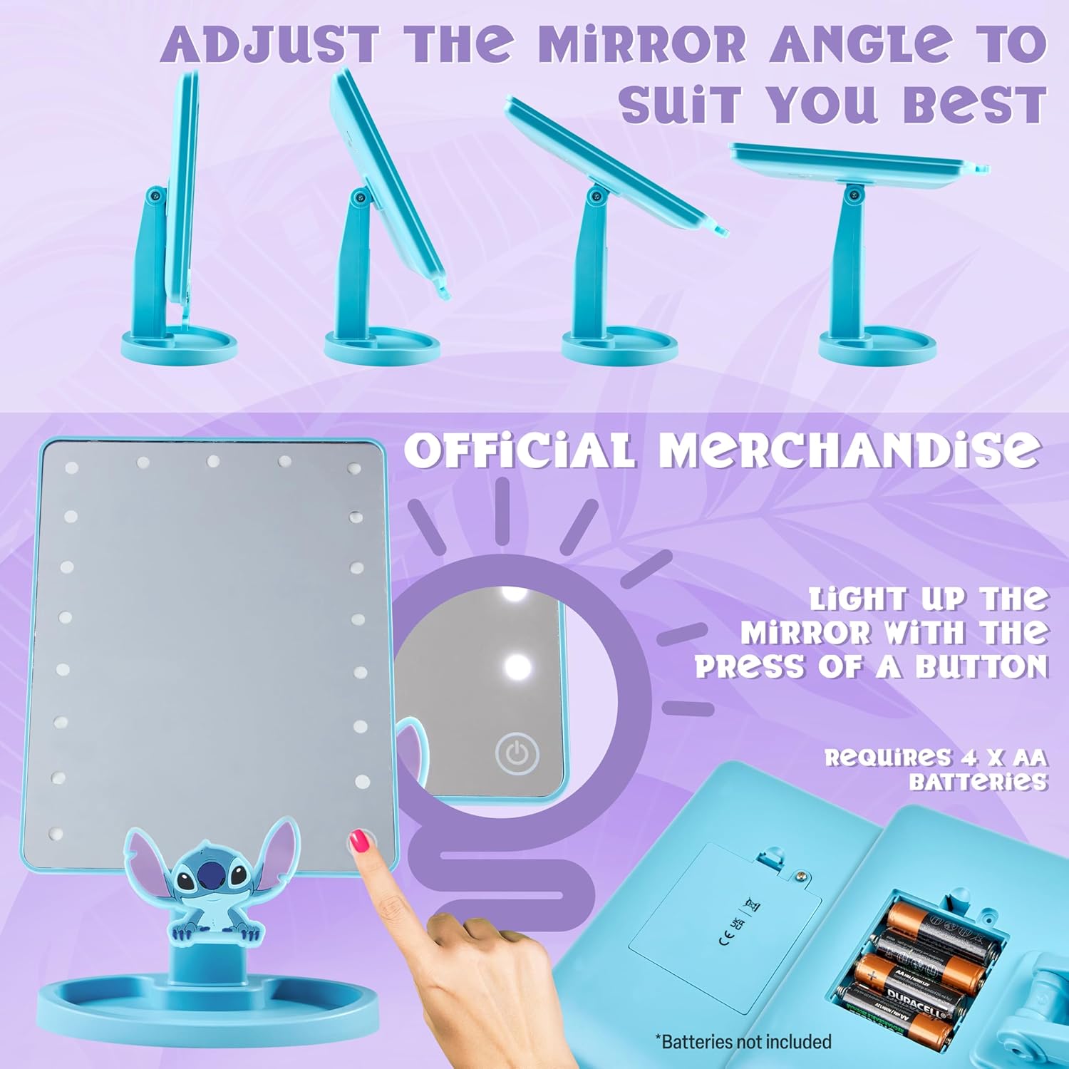 Disney Stitch Vanity Mirror for Girls, Teens, Women with Trinket Tray, LED Table Mirror, Touch Screen, Light Make Up, Gifts for Women (Blue)