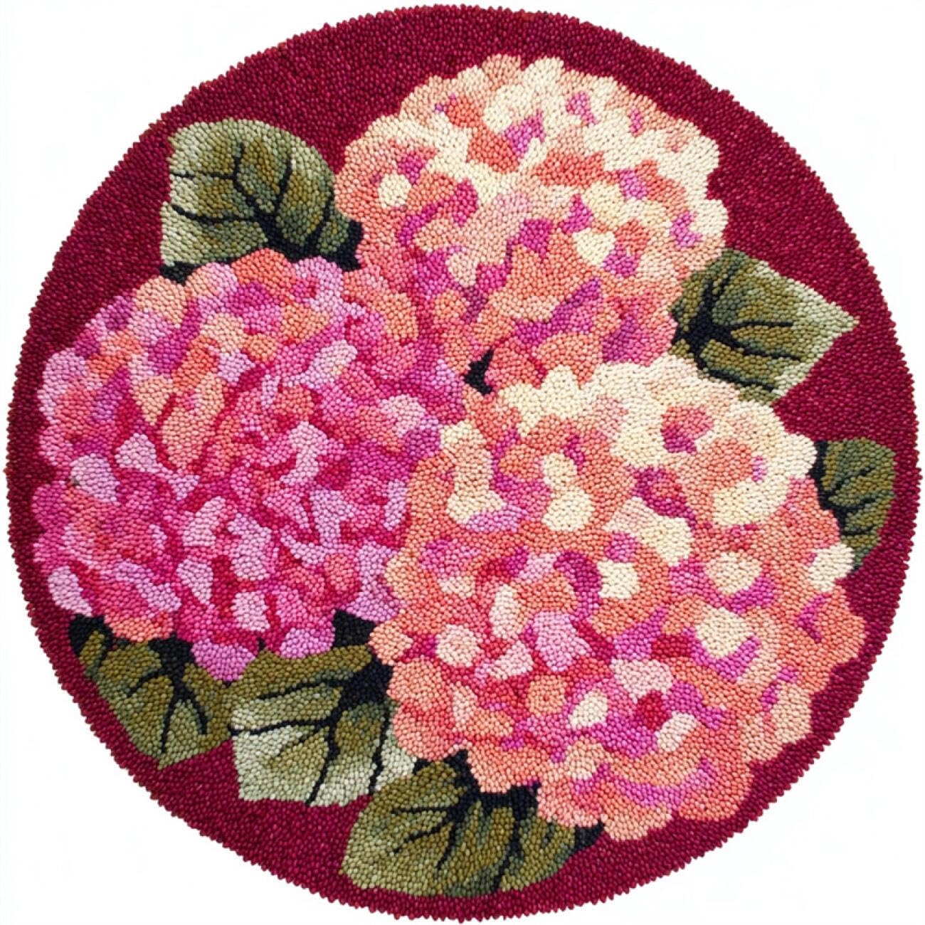 Kitquiver Round Rug Latch Hook Kit Pink Hydrangea 80x80cm