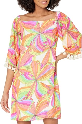 Trina Turk Womens Printed Off The Shoulder Dress with Tassels