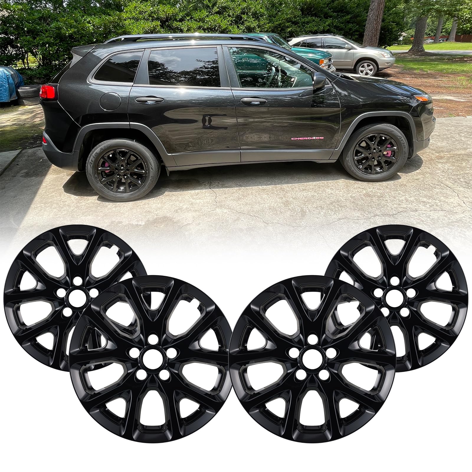 set of 4 17" wheel skins for jeep cherokee 2014-2018, abs plastic cover hubcap for 14-18 jeep cherokee wheel skin replacement 17 inch glossy black set of 4