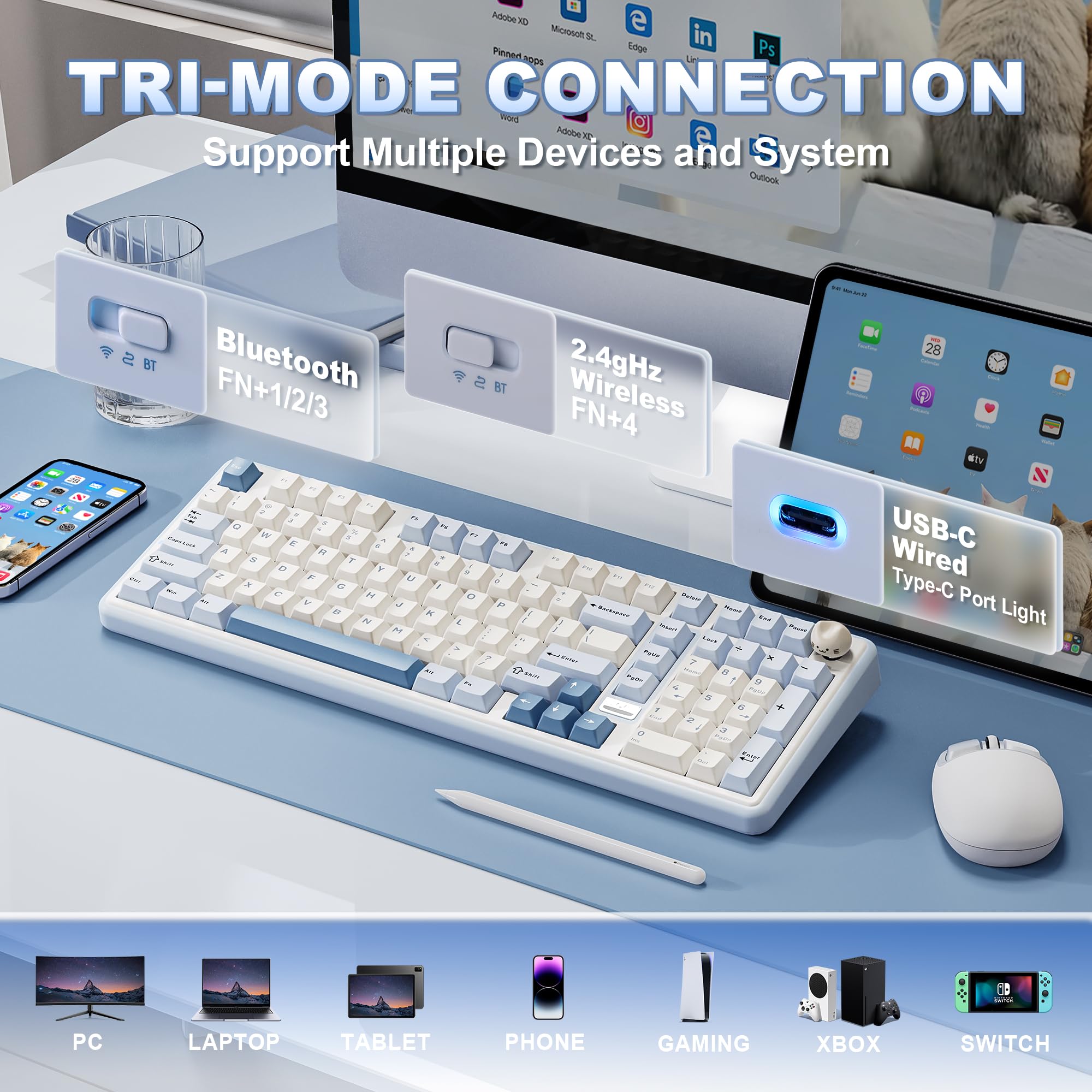 YUNZII B98 PRO QMK/VIA Wireless Mechanical Gaming Keyboard, 96% Layout with Numpad and Cute Cat Knob, BT/2.4G/USB-C, Pre-Lubed Switch Hot Swap Gasket, RGB for Win/Mac (Blue, Milk V2 Linear Switch) - 4