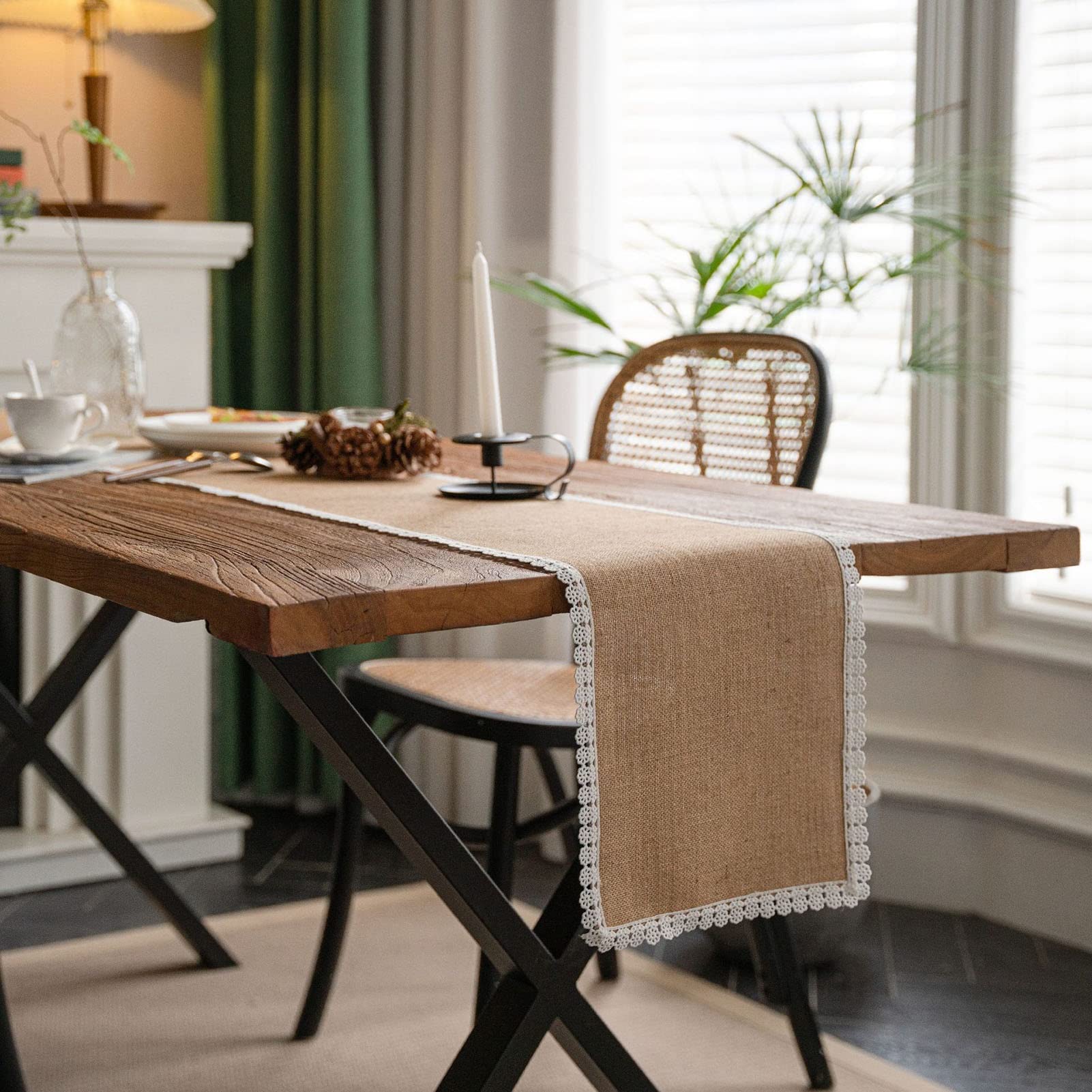 Runner da Tavola in Iuta con Bordo in Pizzo Bianco, Sciarpa da Comò Rustica in Iuta Matrimonio Autunno-Inverno Decorazioni per La Tavola in Campagna (Size : 30x300cm)