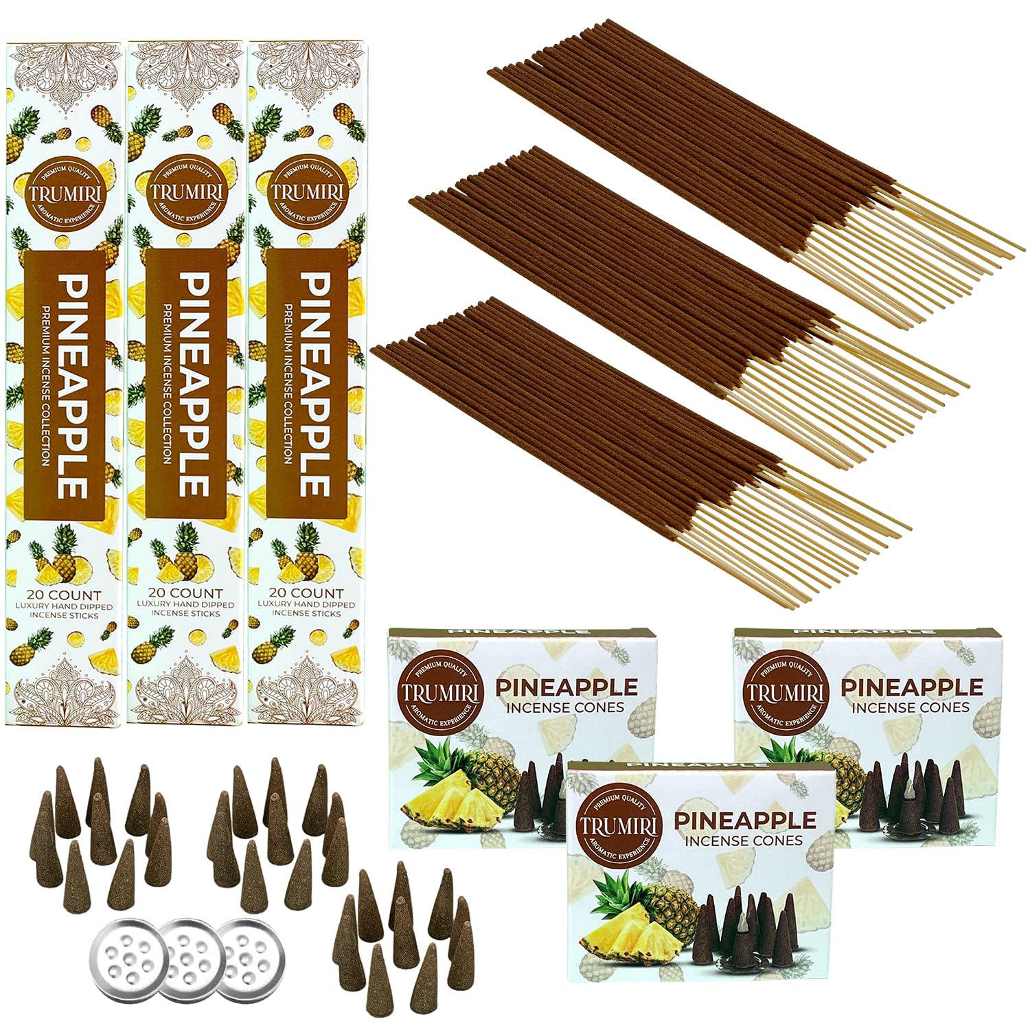 Pineapple Incense Sticks & Incense Cones Combo Pack - 60 Insence-Sticks + 30 Insence Cones - Inscense - Incense Cones Scented - Insents