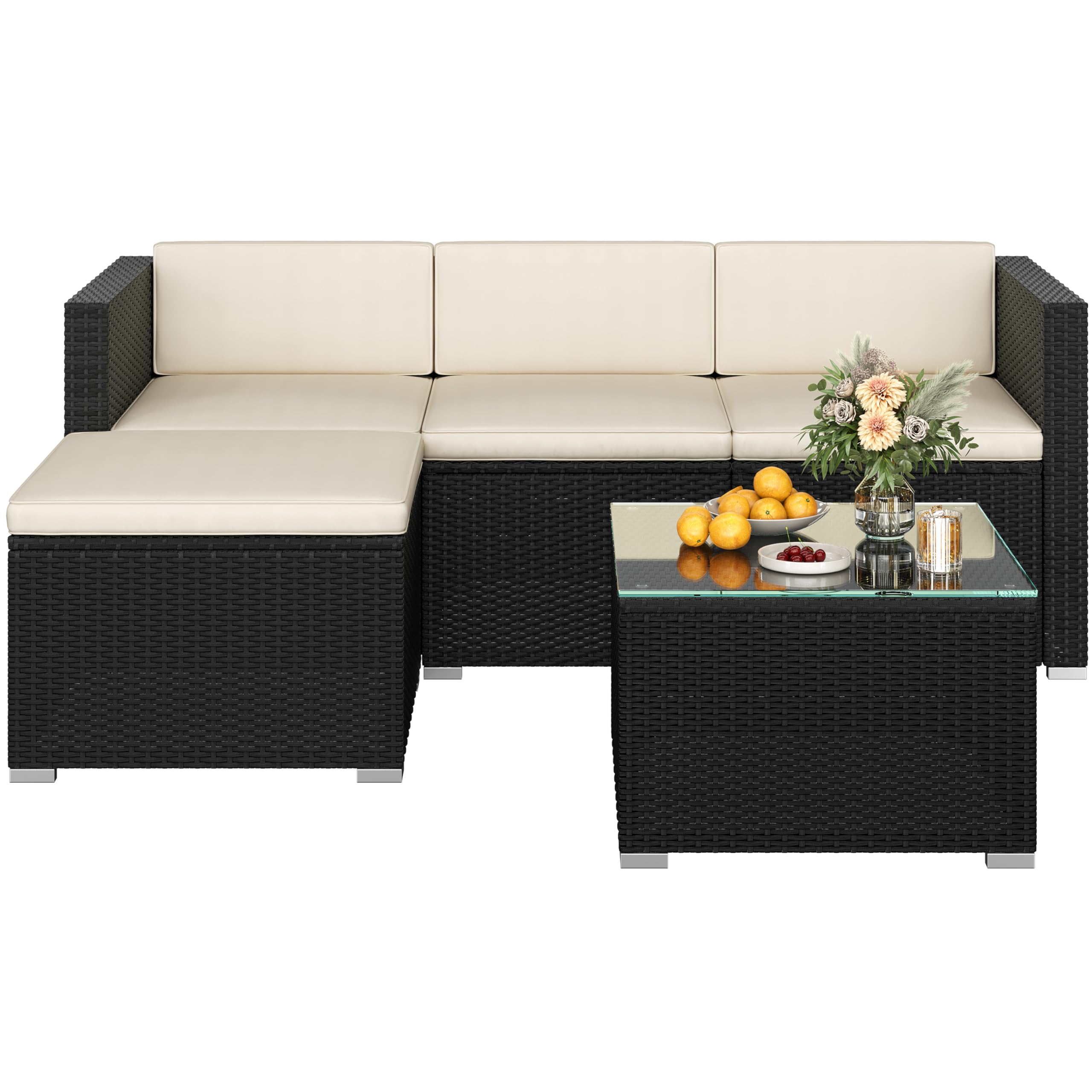 Yaheetech 5er Gartenmöbel Set Balkonmöbel Set aus PE-Rattan Wetterfest | Terassenmöbel Außen mit 2 Ecksofa & Sofa & Stuhl & Beistelltisch & Sitzkissen für Garten/Balkon/Terrasse, Schwarz & Beige