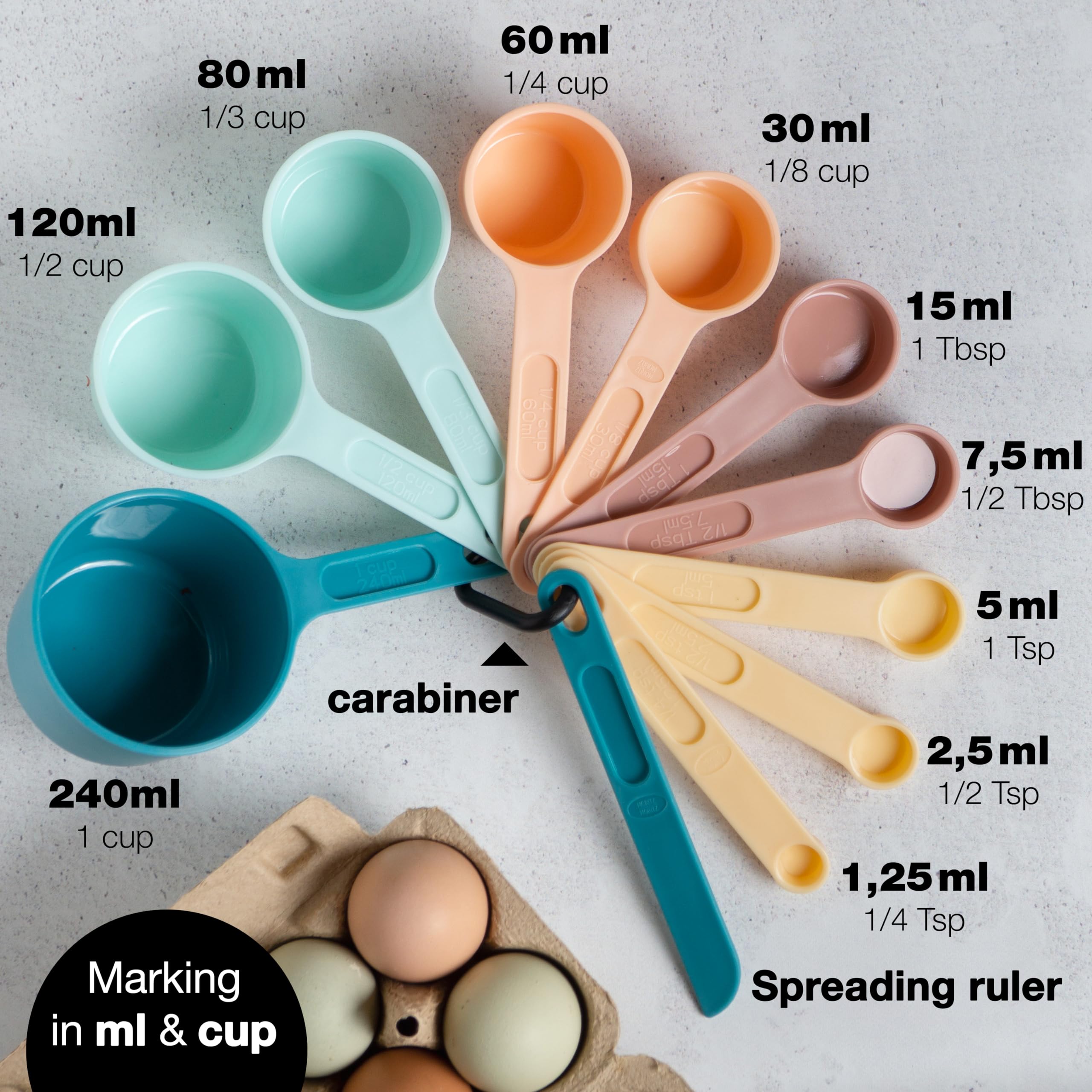 Moritz & Moritz Zestaw łyżek pomiarowych 11 szt. Możliwość układania w stosy - kubki i łyżki z podziałką od 1,25 do 240 ml 4 kolory - 10 wymiarów i szpatułka do smarowania- Do gotowania i pieczenia